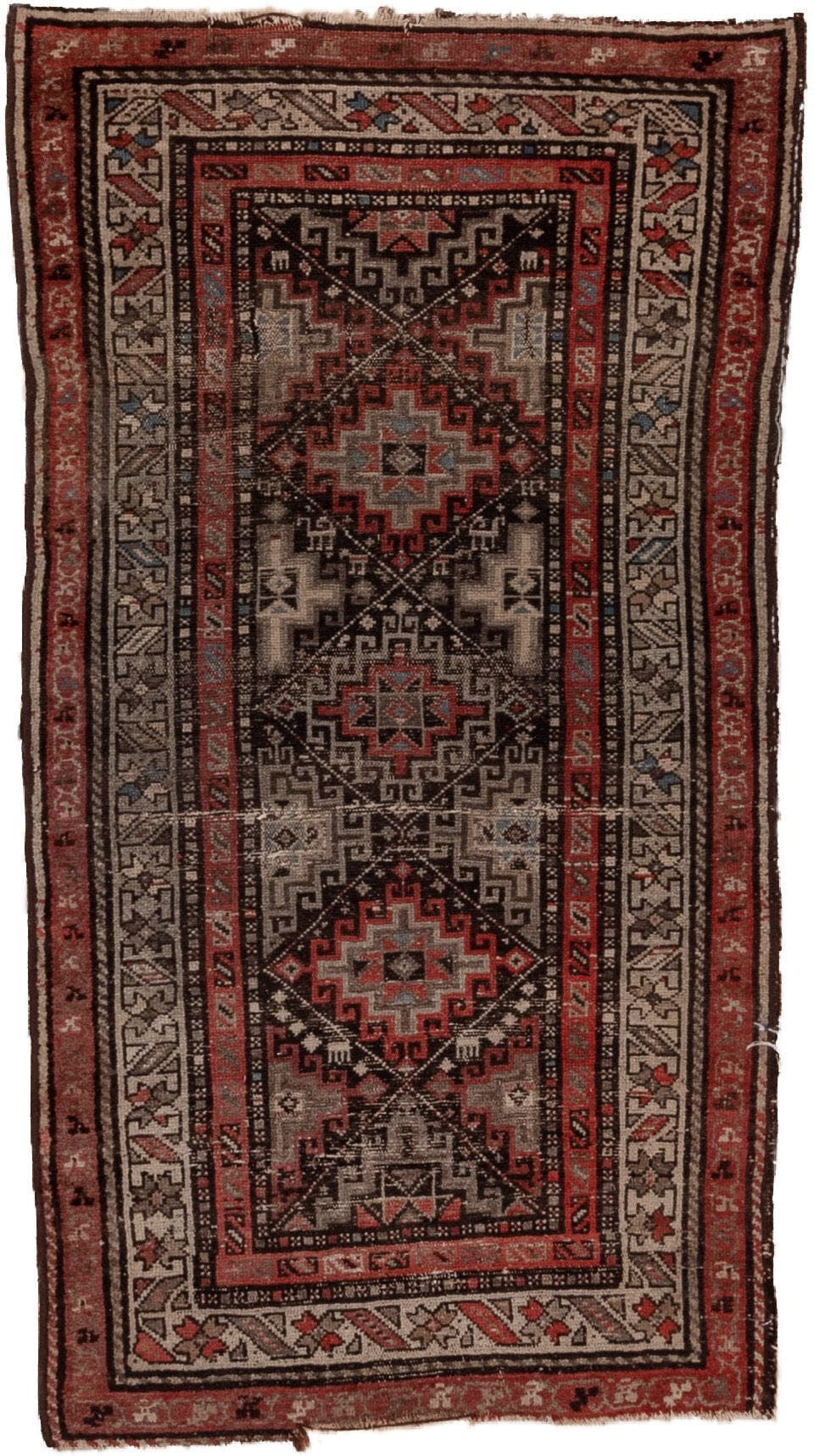 3' x 5' one-of-a-kind handmade antique Hamadan small size rug. Color palette: charcoal, rust, ivory, brick, taupe, slate