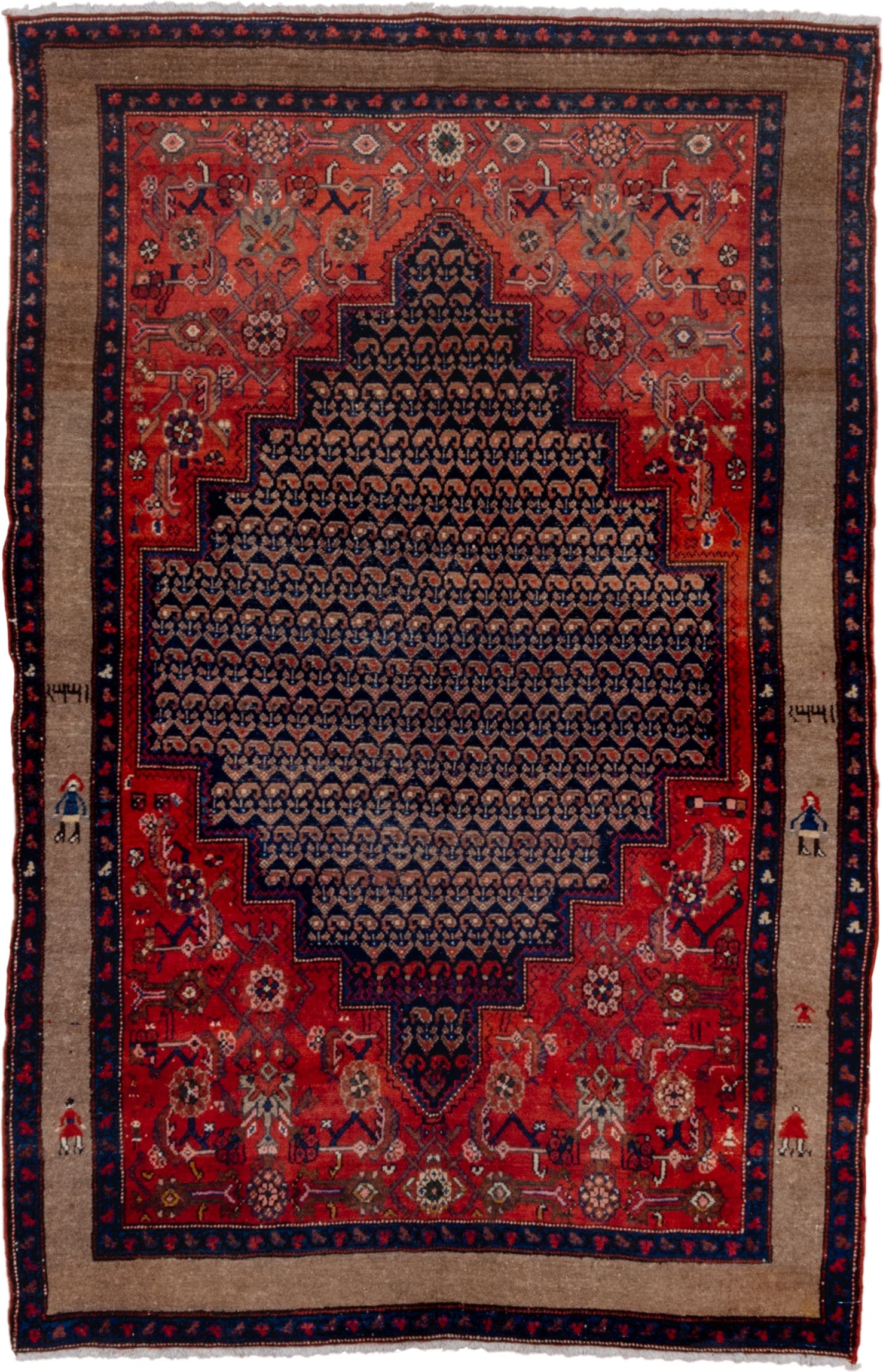 4' x 7' one-of-a-kind handmade antique Hamadan rug. Color palette: rust, indigo, taupe, ivory, crimson, navy, camel