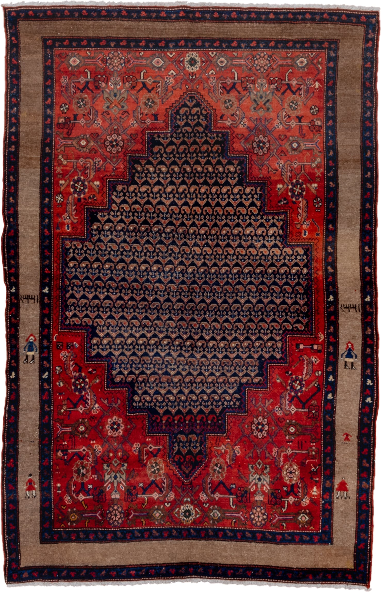 4' x 7' one-of-a-kind handmade antique Hamadan rug. Color palette: rust, indigo, taupe, ivory, crimson, navy, camel