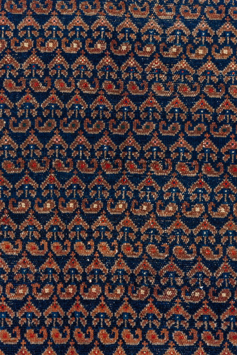 4' x 7' one-of-a-kind handmade antique Hamadan rug. Color palette: rust, indigo, taupe, ivory, crimson, navy, camel