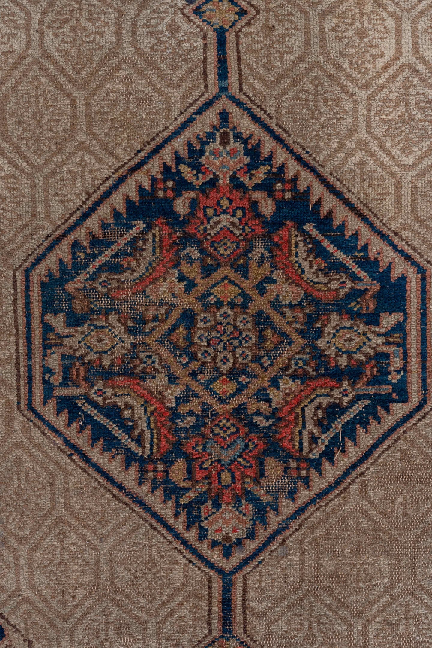 4' x 6' one-of-a-kind handmade vintage Cam Hamadan small size rug. Color palette: camel, ivory, rust, navy, taupe, soft blue