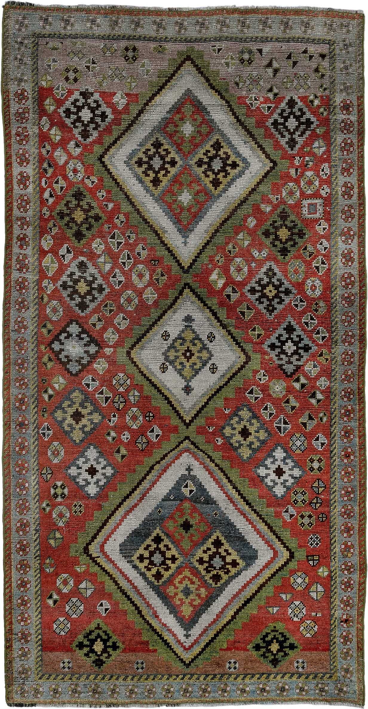 4' x 7' one-of-a-kind handmade vintage Gabbe rug. Color palette: rust, ivory, olive, slate, taupe, charcoal, sage, crimson