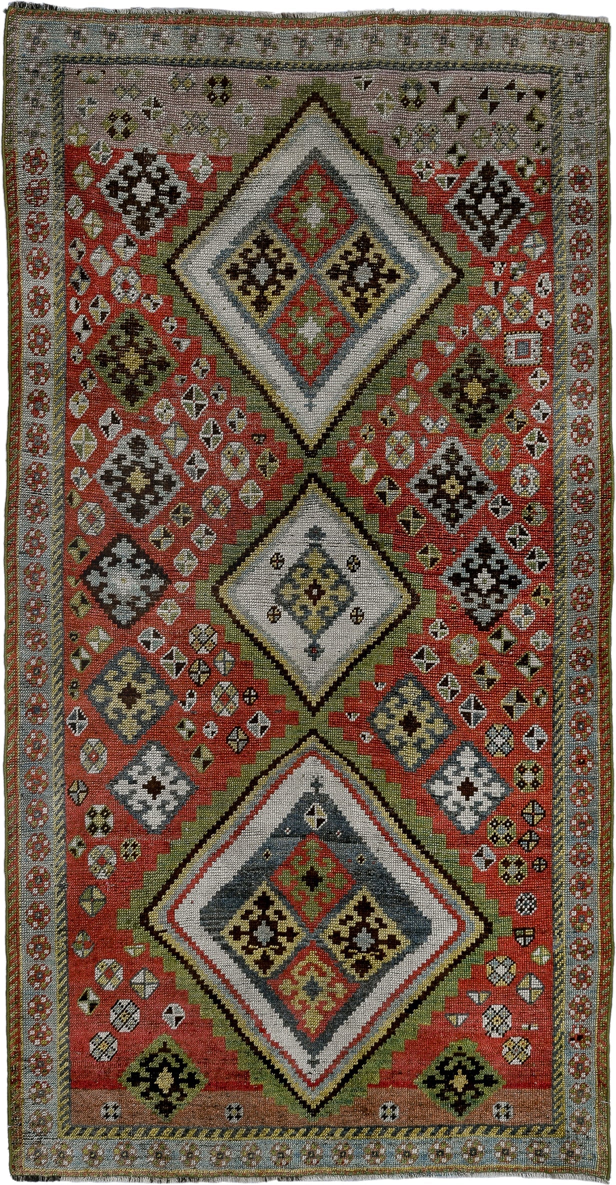 4' x 7' one-of-a-kind handmade vintage Gabbe rug. Color palette: rust, ivory, olive, slate, taupe, charcoal, sage, crimson