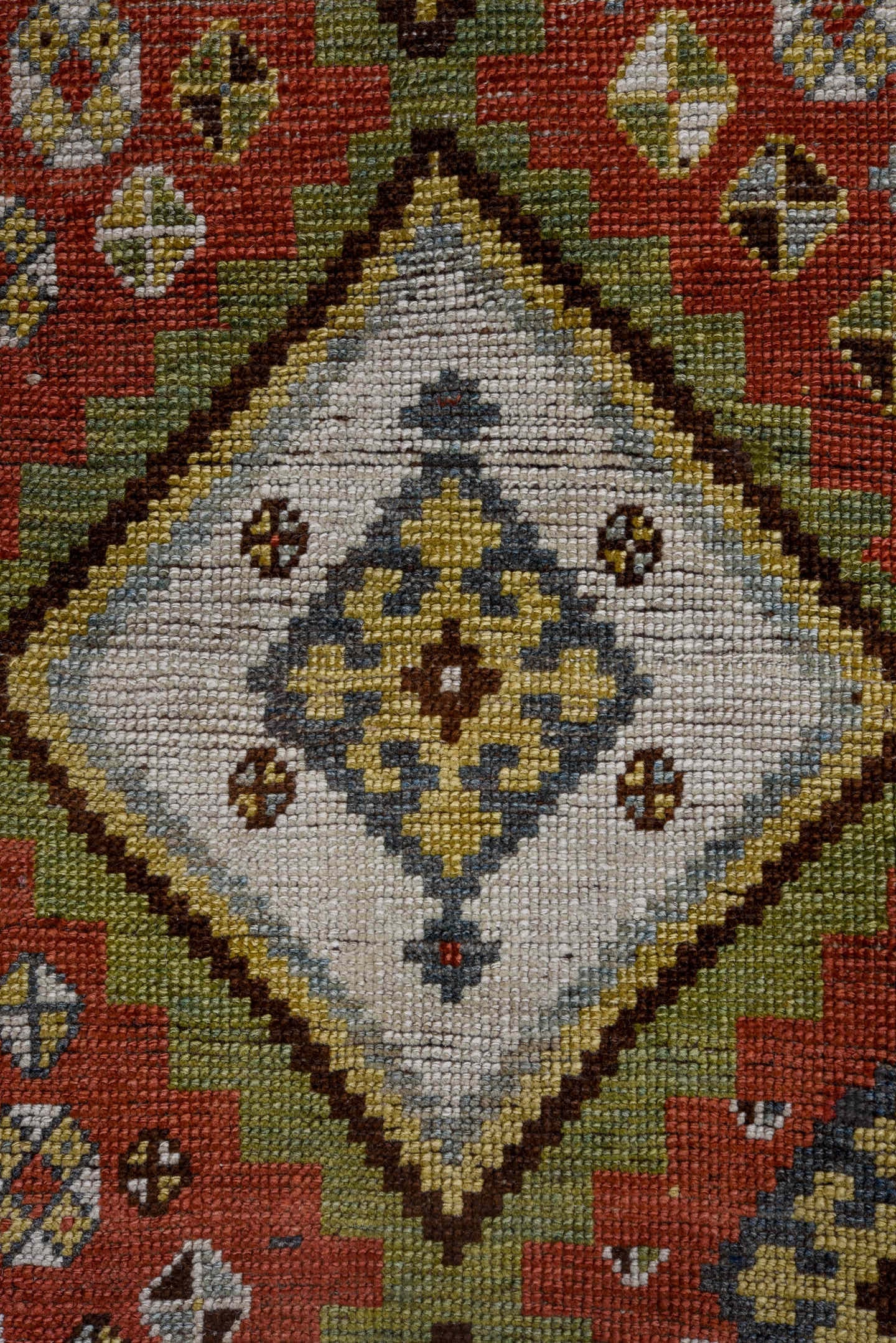 4' x 7' one-of-a-kind handmade vintage Gabbe rug. Color palette: rust, ivory, olive, slate, taupe, charcoal, sage, crimson