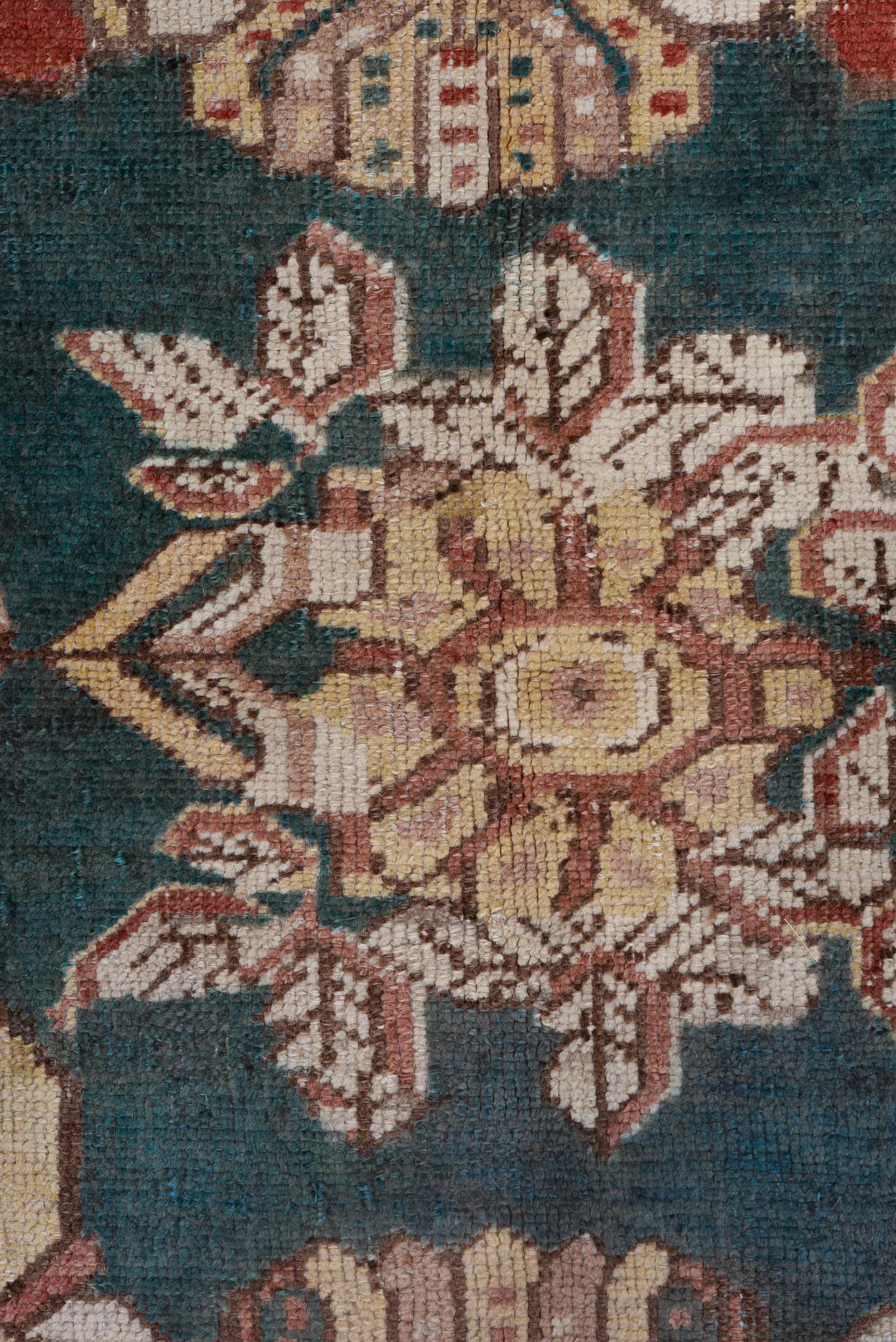 12' x 13' one-of-a-kind handmade antique Oushak oversize rug. Color palette: rose, teal, ivory, taupe, dusty pink, sage