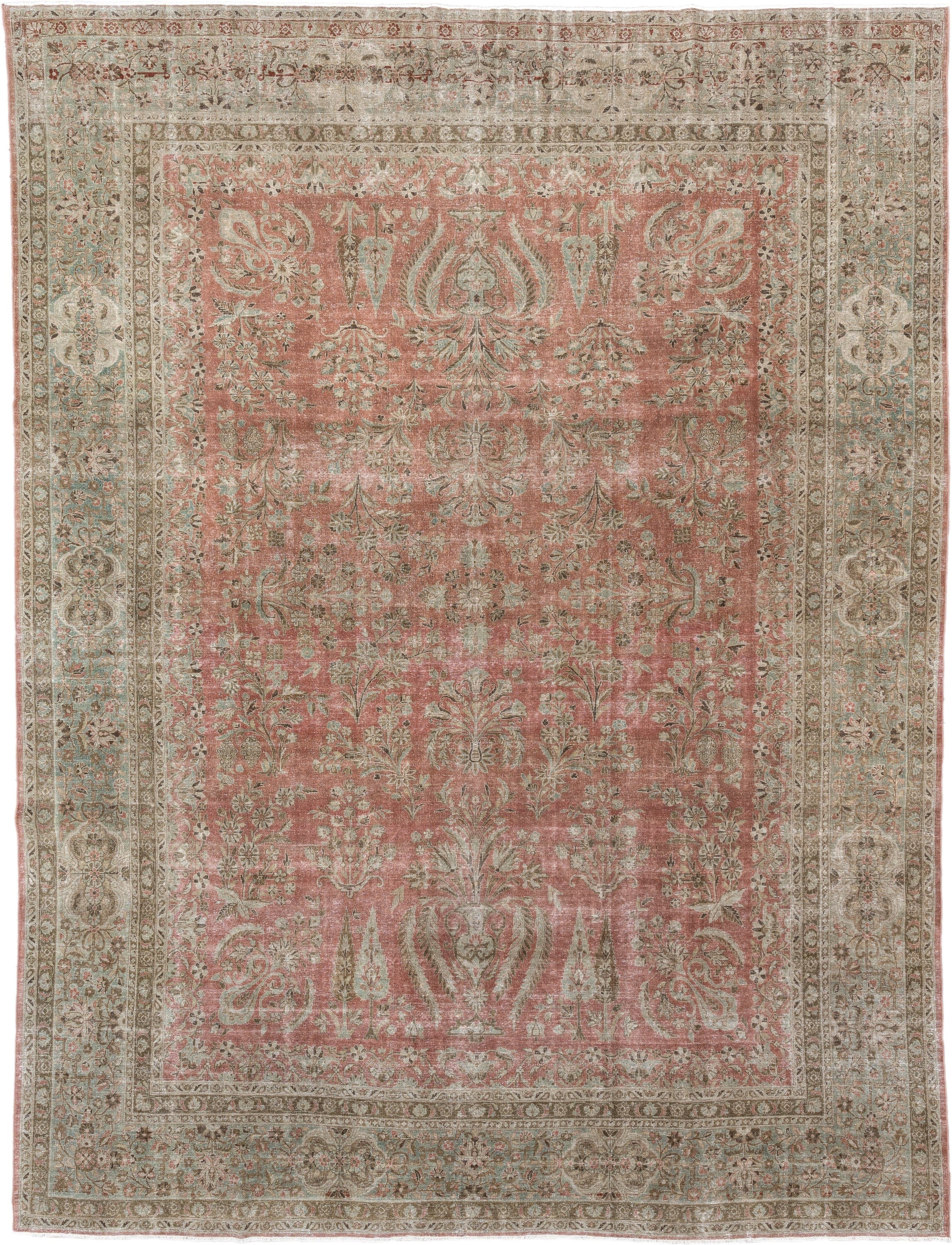 8' x 11' one-of-a-kind handmade antique Kashan large size rug. Color palette: rose, ivory, pale aqua, taupe, sage, camel