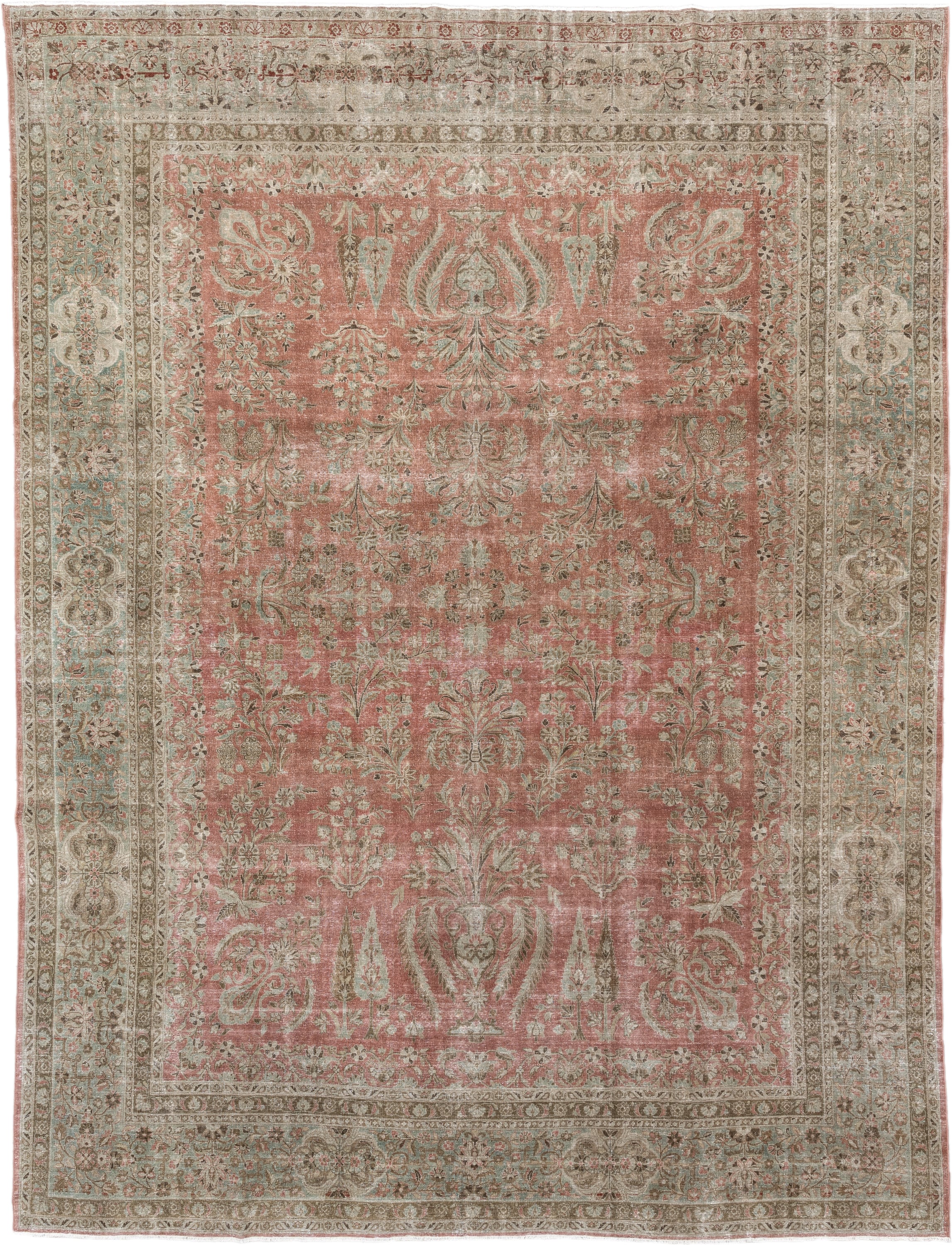8' x 11' one-of-a-kind handmade antique Kashan large size rug. Color palette: rose, ivory, pale aqua, taupe, sage, camel