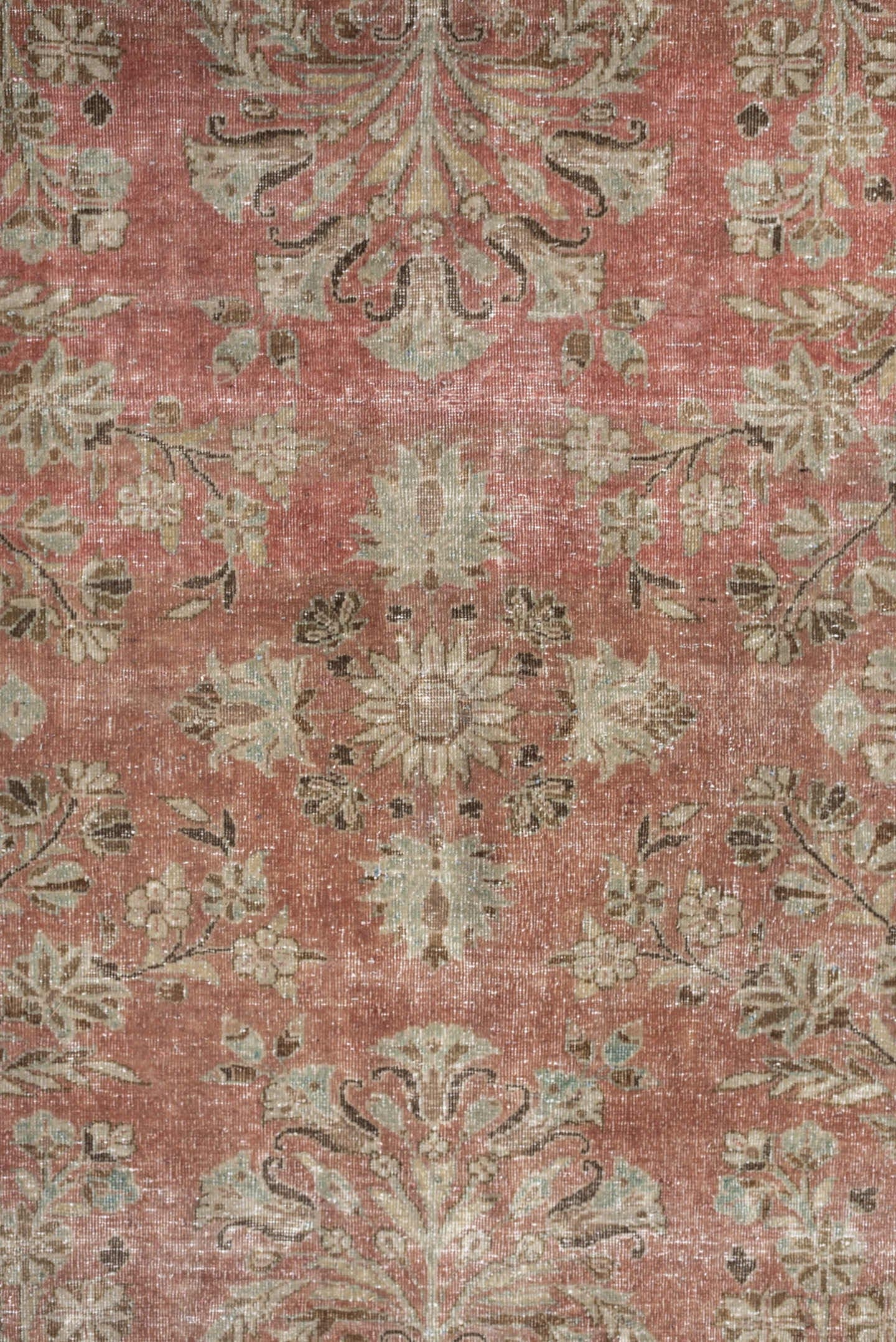 8' x 11' one-of-a-kind handmade antique Kashan large size rug. Color palette: rose, ivory, pale aqua, taupe, sage, camel
