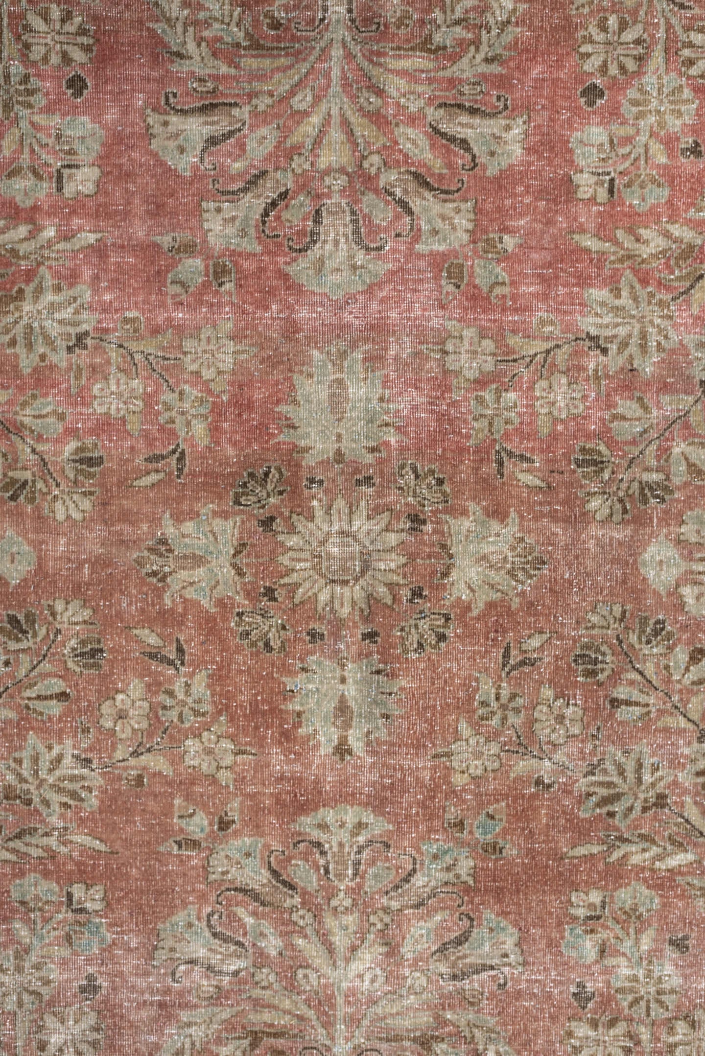 8' x 11' one-of-a-kind handmade antique Kashan large size rug. Color palette: rose, ivory, pale aqua, taupe, sage, camel