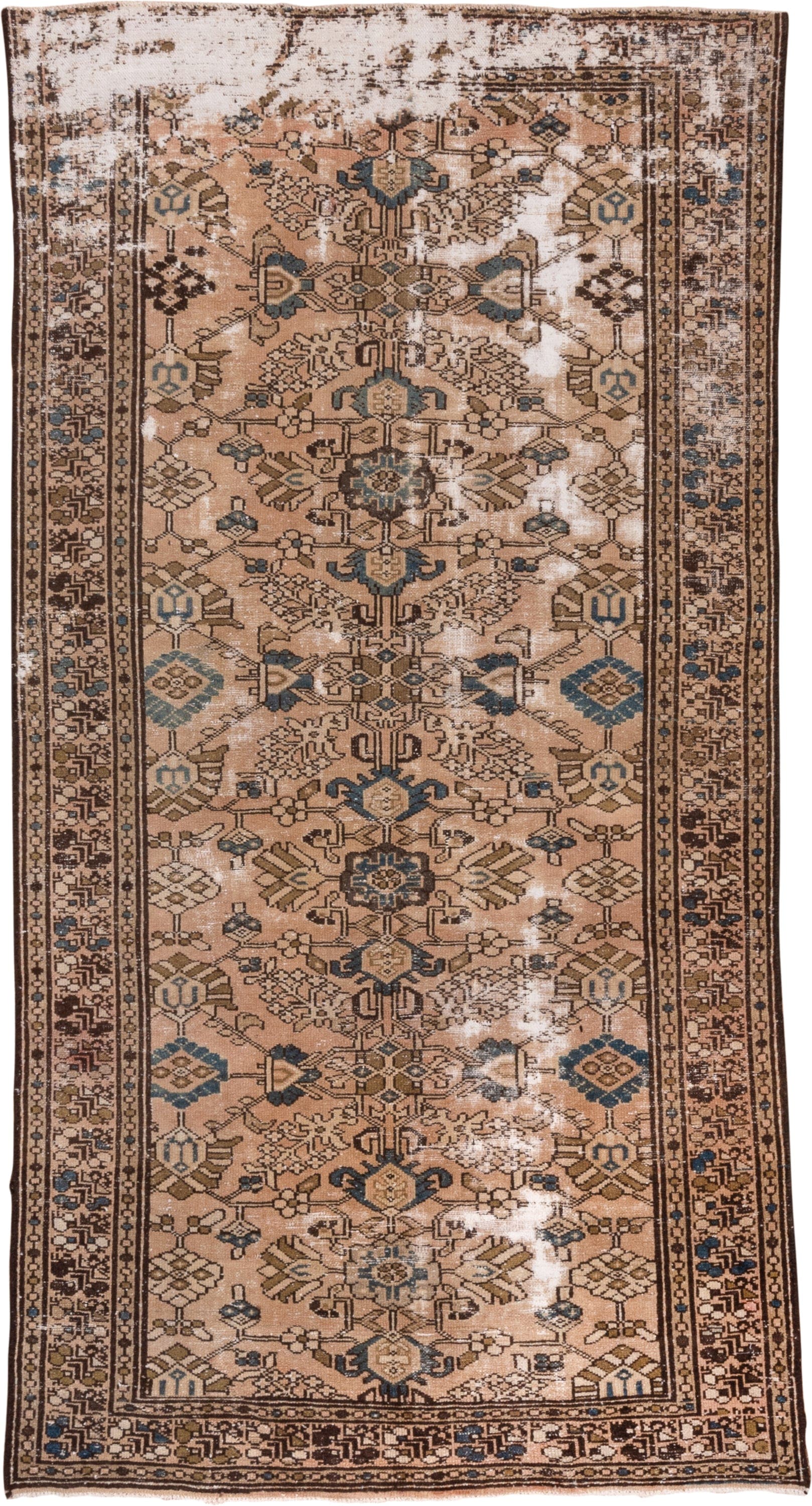 5' x 9' one-of-a-kind handmade vintage Distressed medium size rug. Color palette: tan, ivory, brown, muted blue, taupe