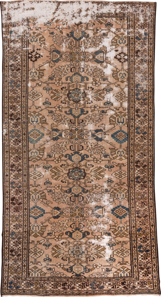 5' x 9' one-of-a-kind handmade vintage Distressed medium size rug. Color palette: brown, gray, light gray, off-white