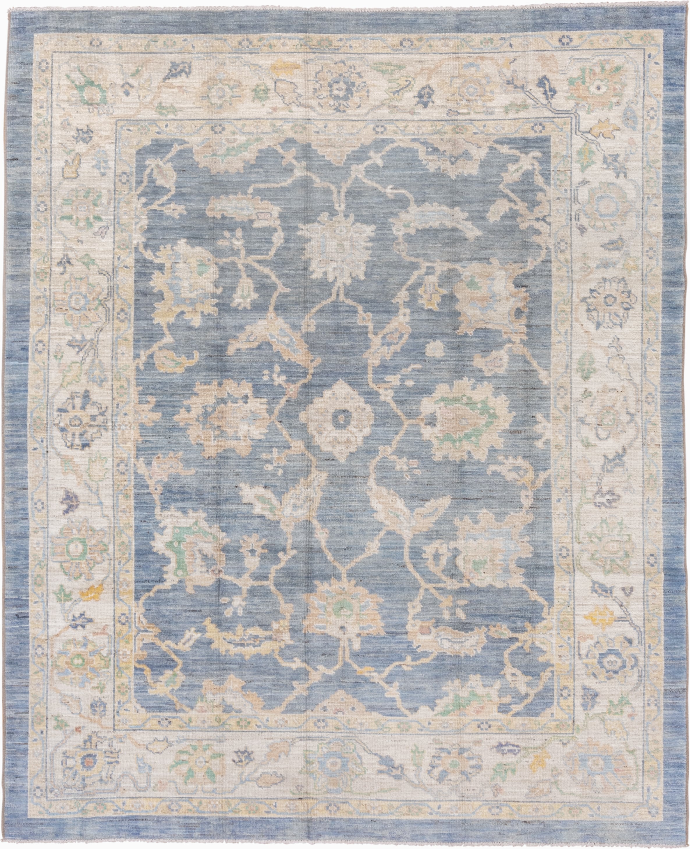 8' x 9' one-of-a-kind handmade vintage Oushak rug. Color palette: light blue, ivory, cream, sage, gold, taupe, pale aqua