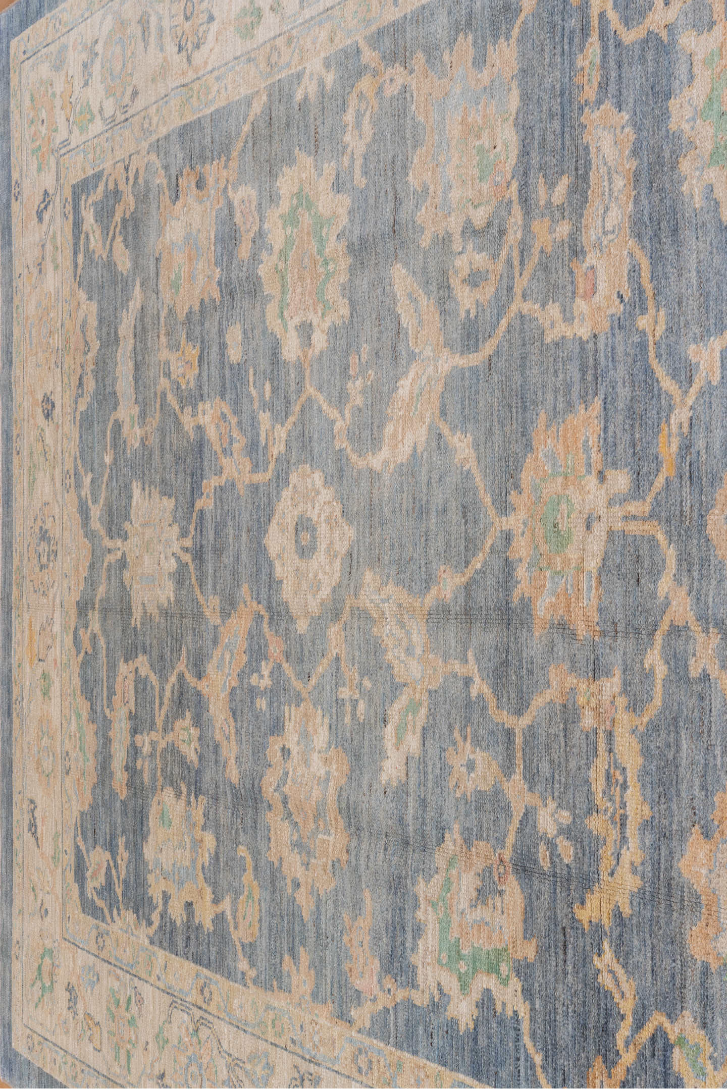 8' x 9' one-of-a-kind handmade vintage Oushak rug. Color palette: light blue, ivory, cream, sage, gold, taupe, pale aqua