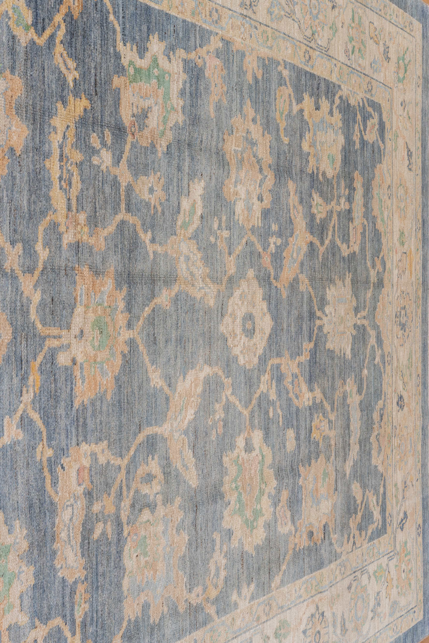 8' x 9' one-of-a-kind handmade vintage Oushak rug. Color palette: light blue, ivory, cream, sage, gold, taupe, pale aqua