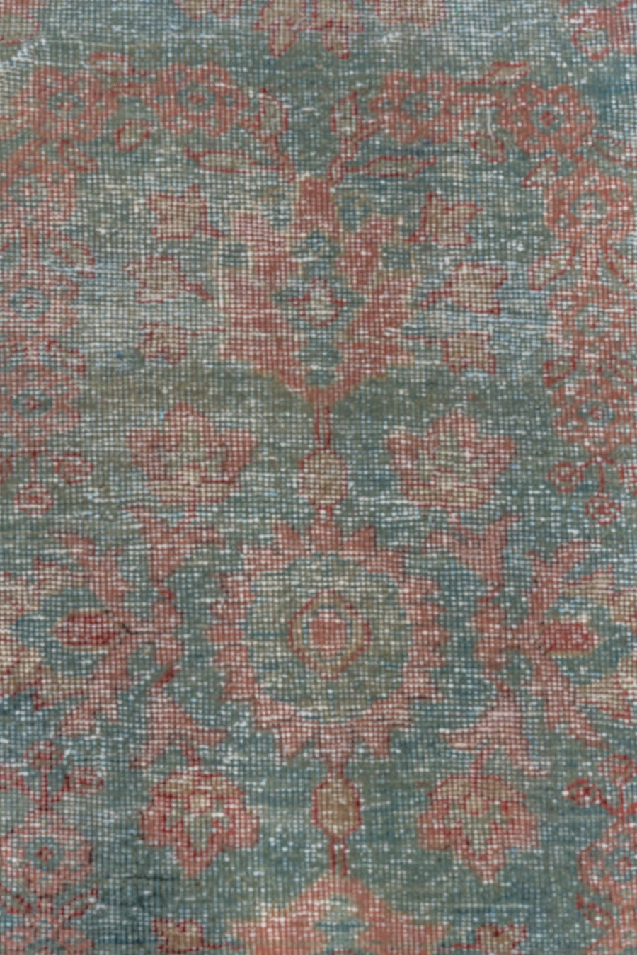 10' x 14' one-of-a-kind handmade antique Mahal oversize rug. Color palette: aqua, rose, rust, ivory, taupe, slate, teal
