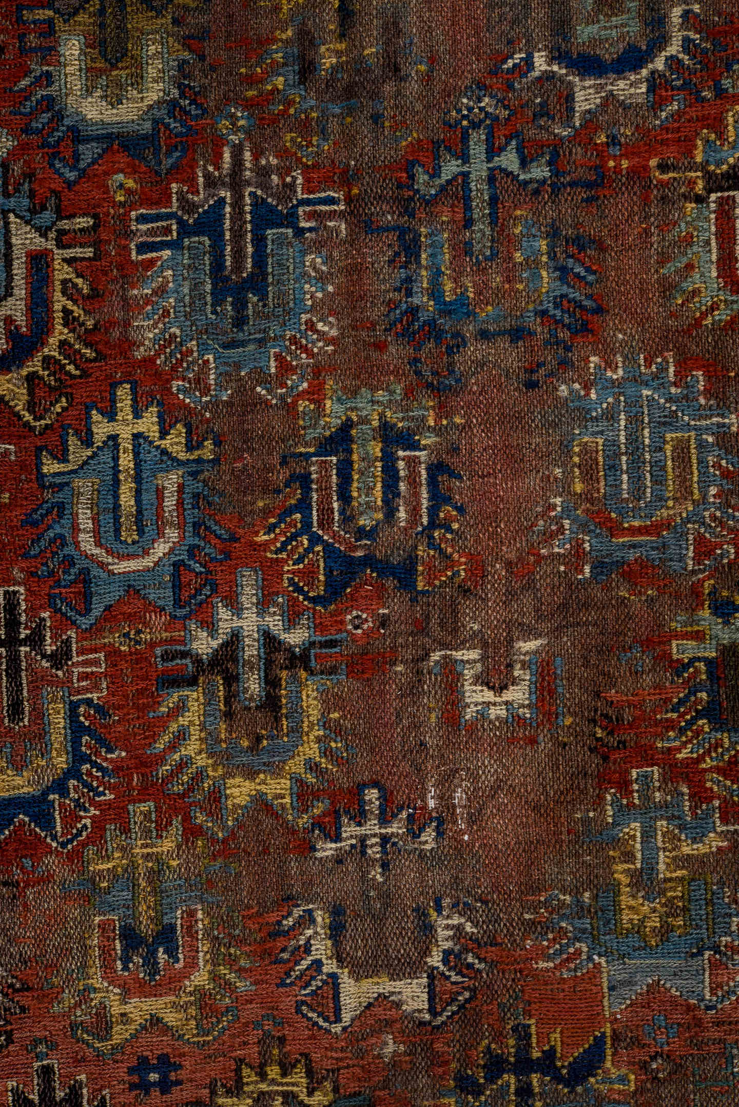 3' x 7' one-of-a-kind handmade antique Sumak runner rug. Color palette: rust, ivory, navy, indigo, camel, gold, crimson