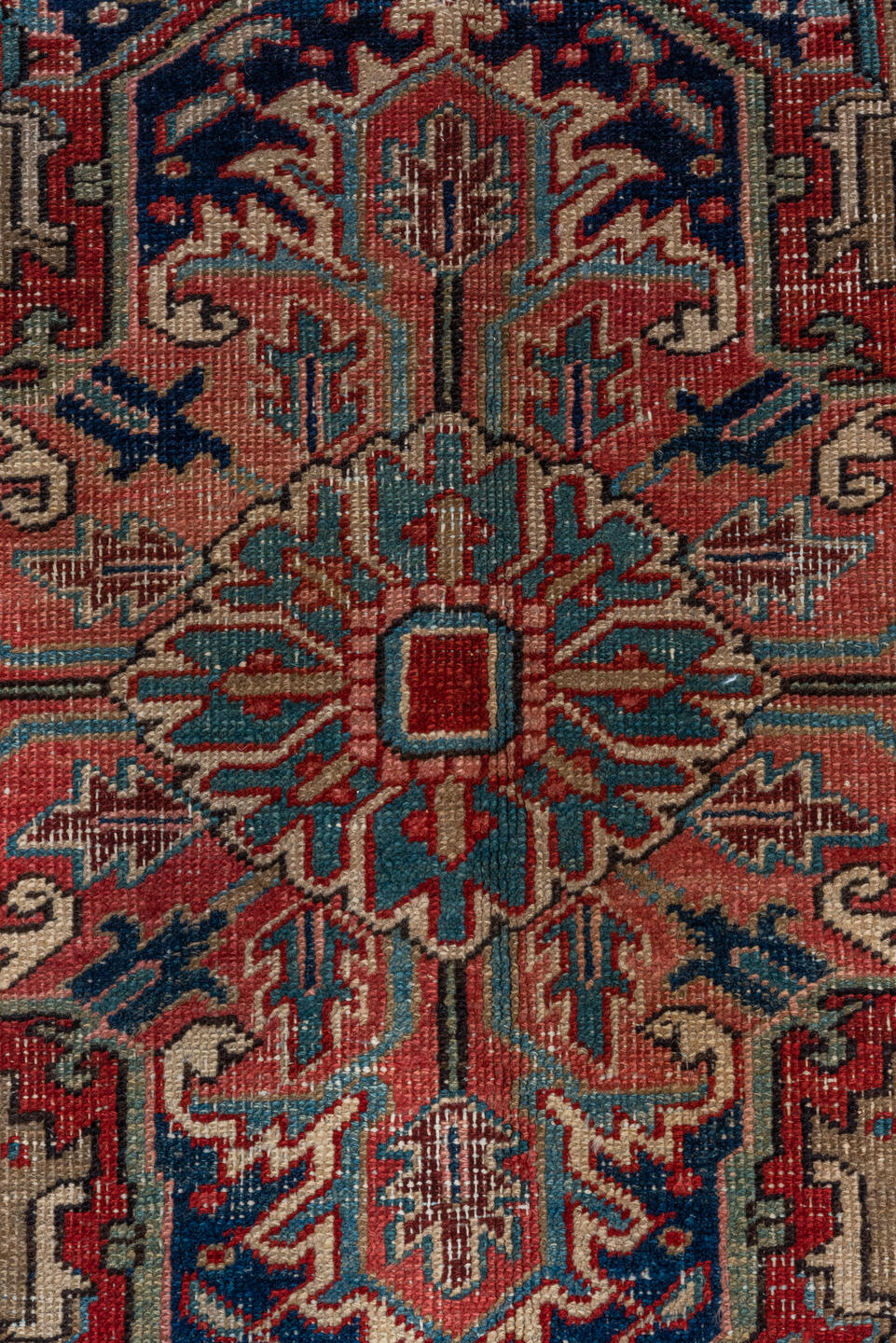8' x 12' one-of-a-kind handmade antique Heriz large size rug. Color palette: brick red, ivory, navy, dusty teal, taupe, rose