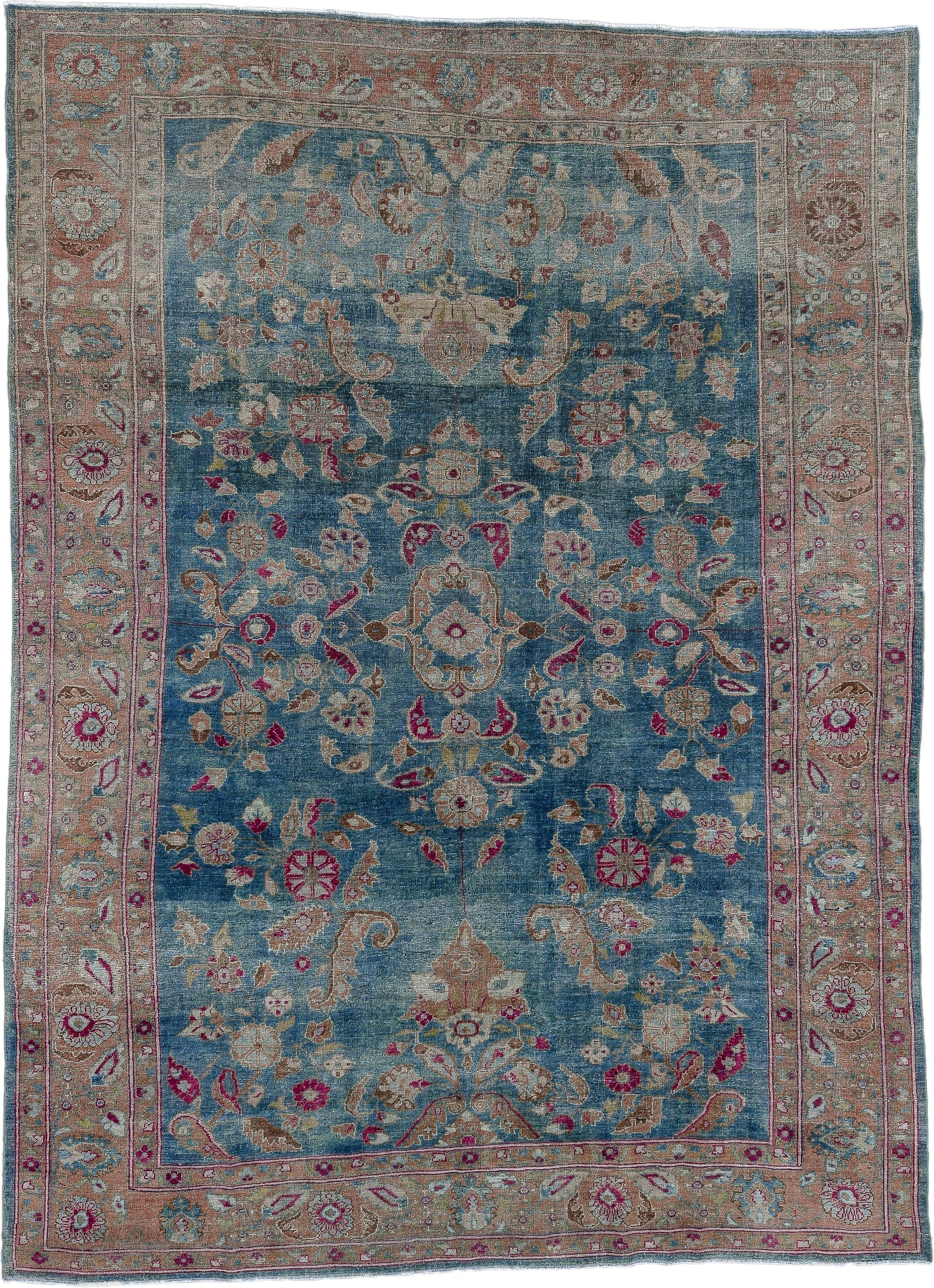 8' x 12' one-of-a-kind handmade antique Mahal large size rug. Color palette: blue, beige, ivory, rose, taupe, burgundy, sage