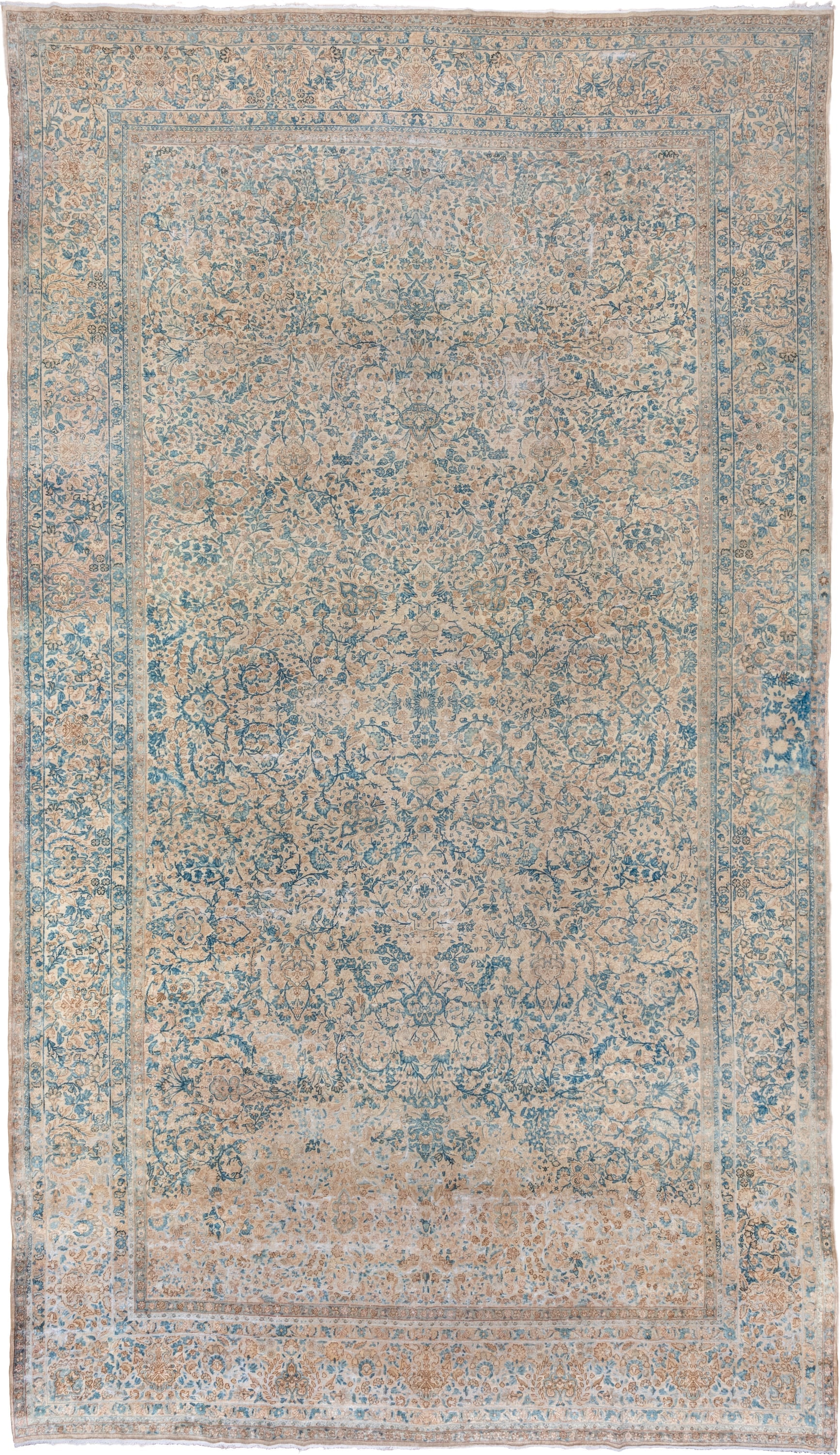 9' x 16' one-of-a-kind handmade vintage Kerman rug. Color palette: ivory, sky blue, beige, taupe, camel, light blue, gray