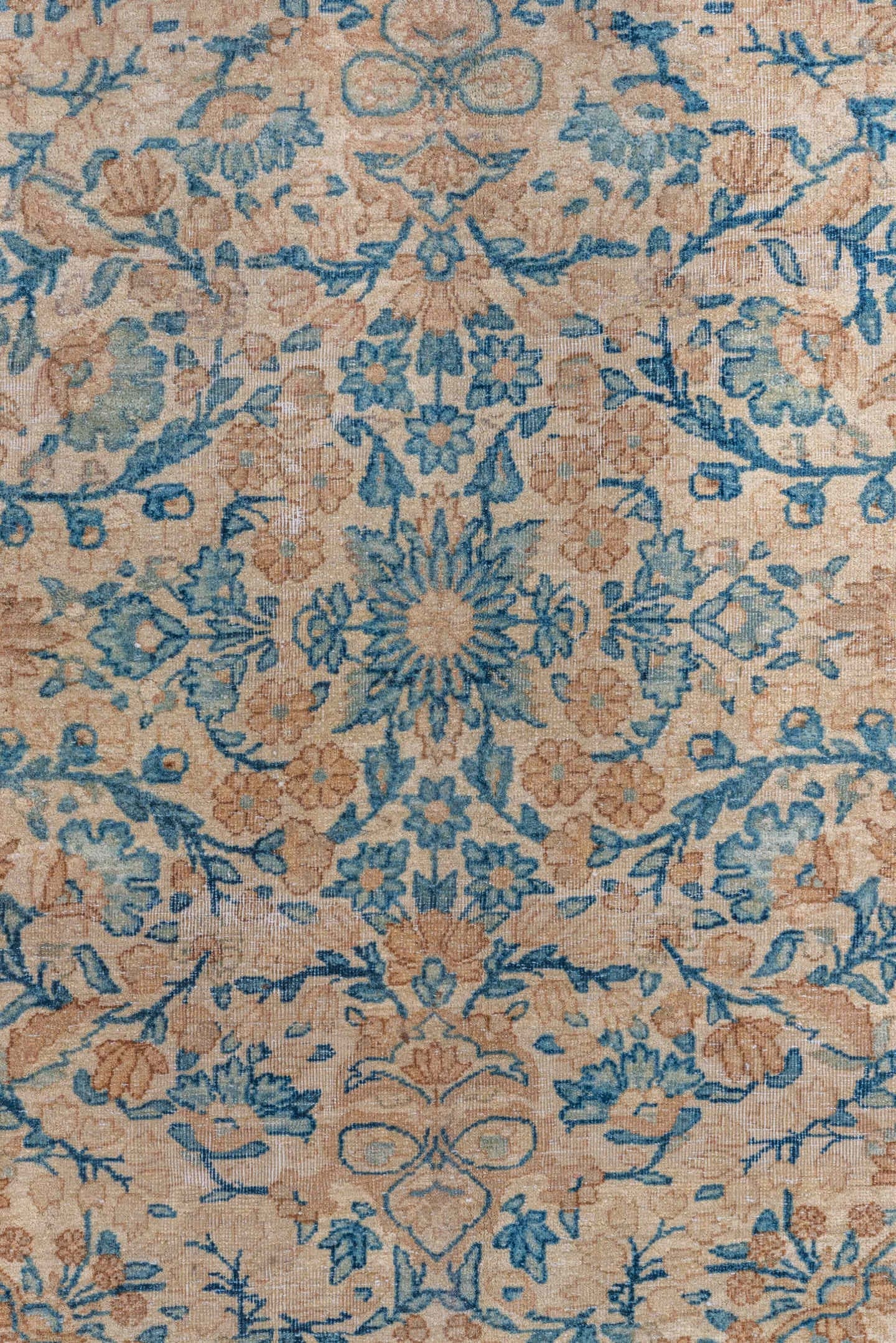 9' x 16' one-of-a-kind handmade vintage Kerman rug. Color palette: ivory, sky blue, beige, taupe, camel, light blue, gray