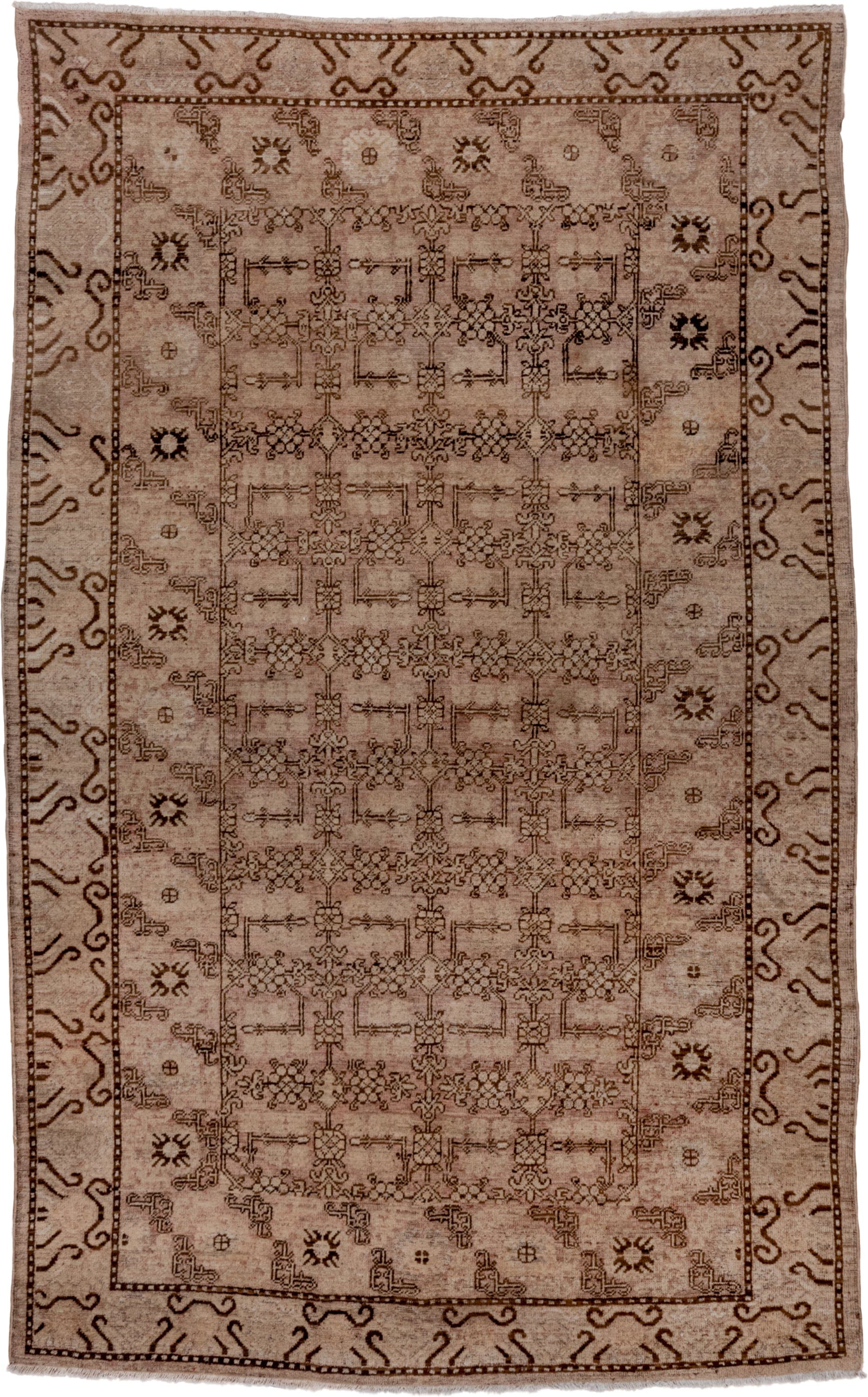 6' x 9' one-of-a-kind handmade antique Khotan medium size rug. Color palette: beige, taupe, brown, camel, ivory, gray
