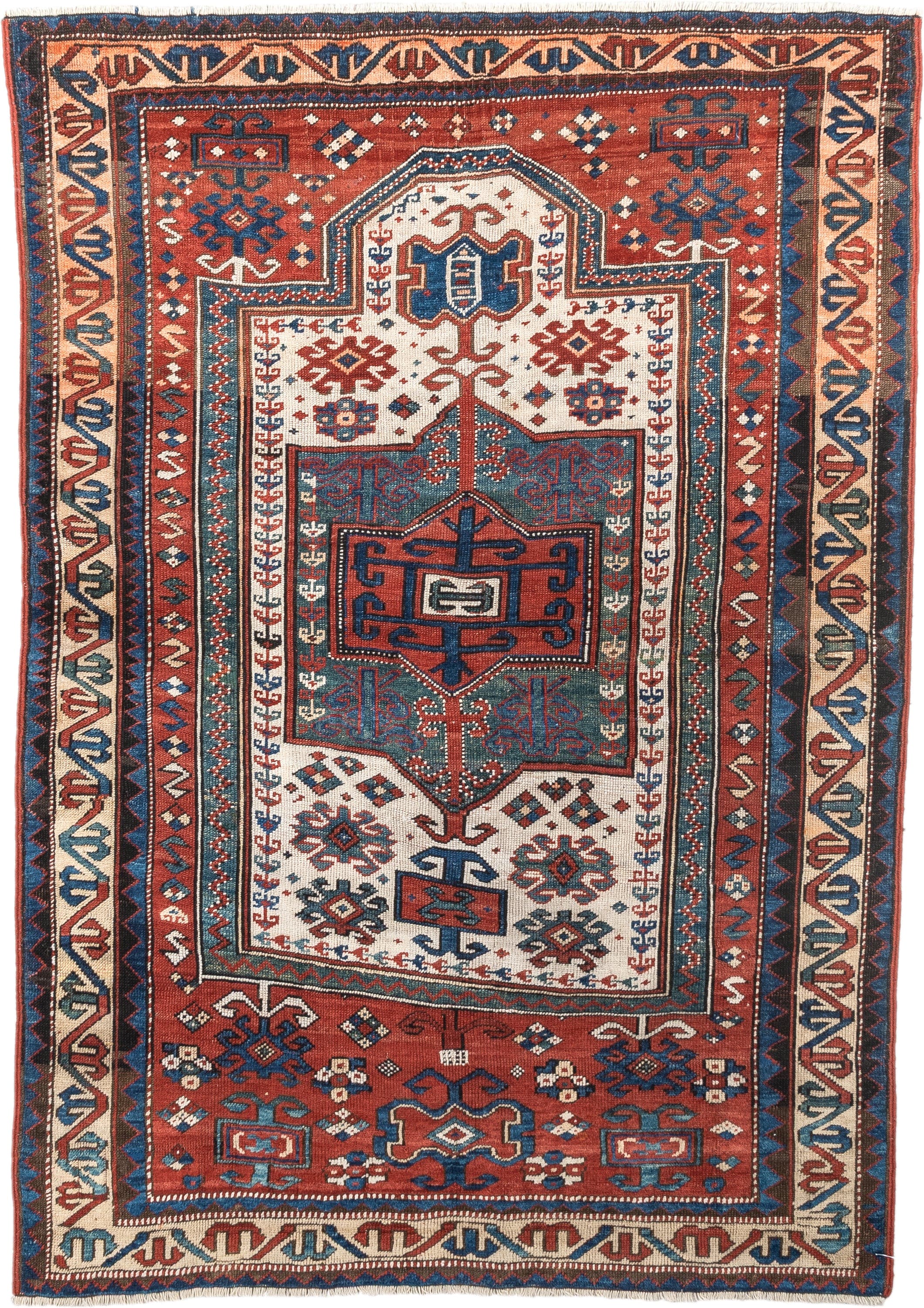 3' x 5' one-of-a-kind handmade antique Kazak small size rug. Color palette: terracotta, ivory, indigo, rust, sky_blue, navy