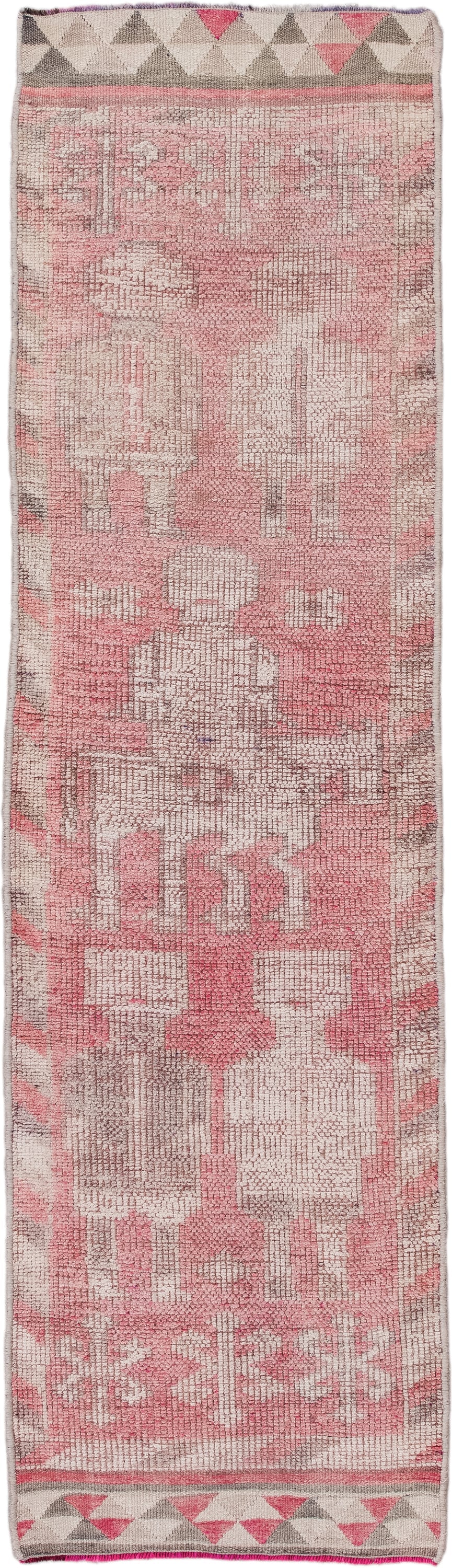 2' x 9' one-of-a-kind handmade antique Kars runner rug. Color palette: rose, ivory, taupe, gray, coral, pink, red, beige