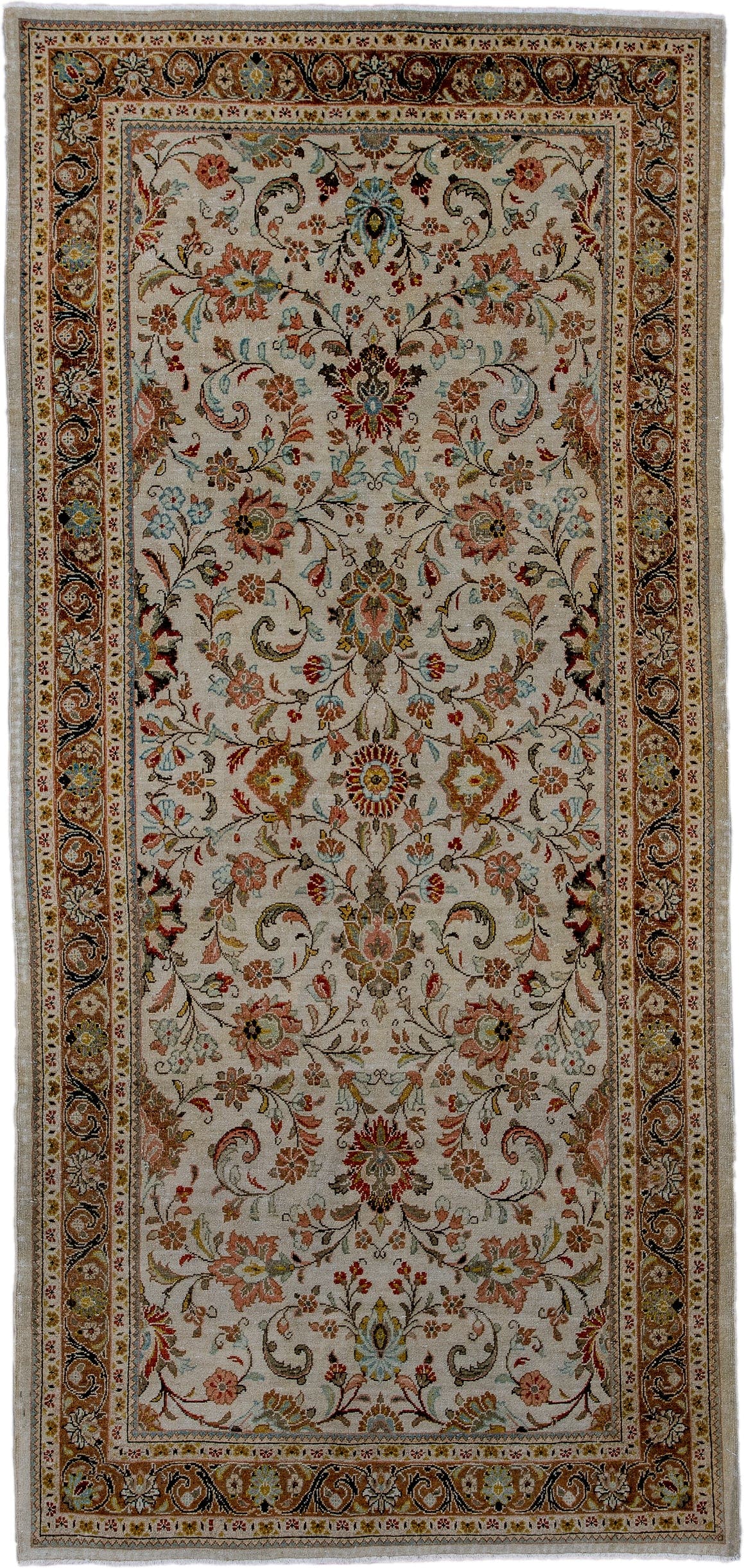 4' x 9' one-of-a-kind handmade antique Sarouk runner rug. Color palette: ivory, camel, rust, light blue, sage, gold, brown