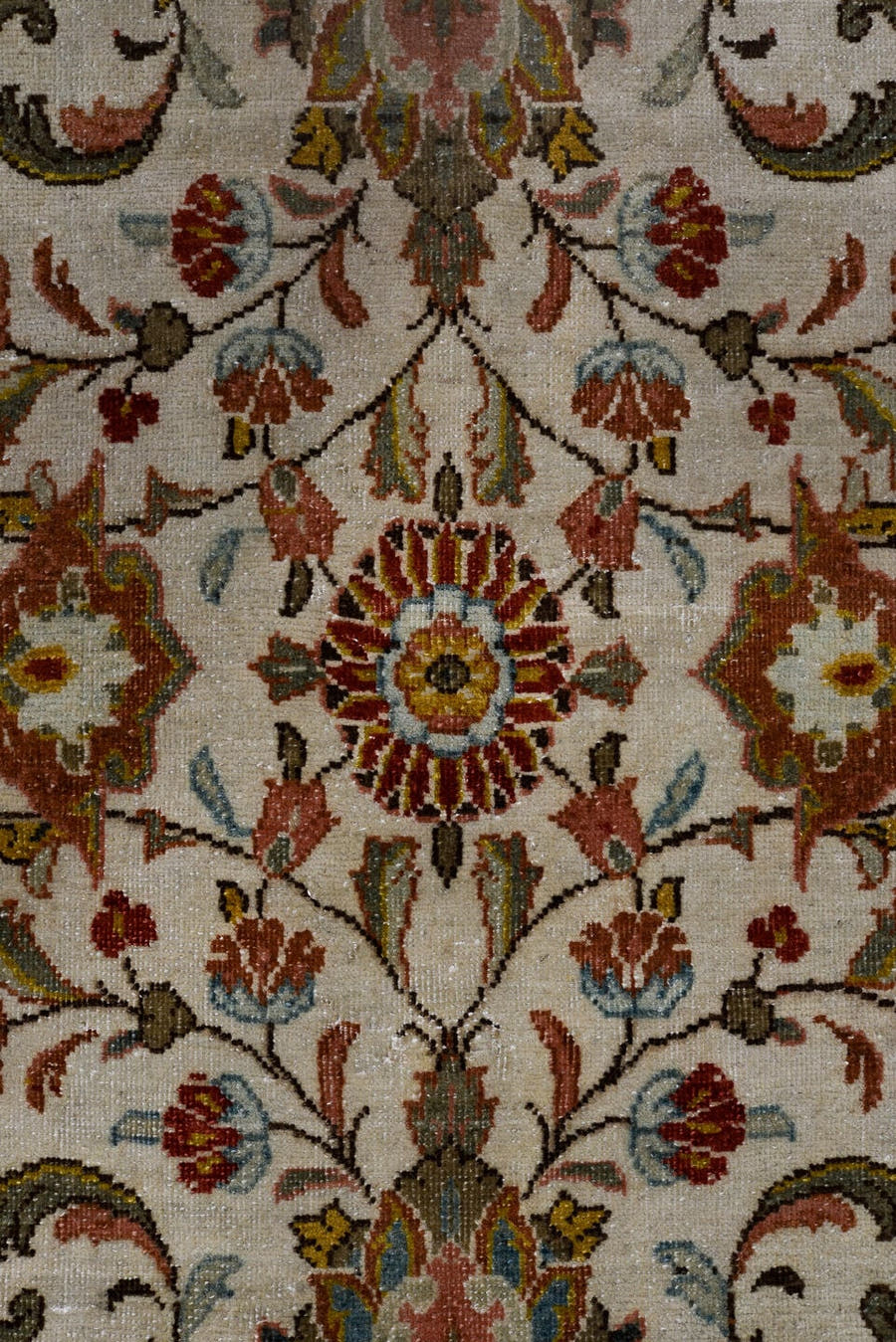 4' x 9' one-of-a-kind handmade antique Sarouk runner rug. Color palette: ivory, camel, rust, light blue, sage, gold, brown