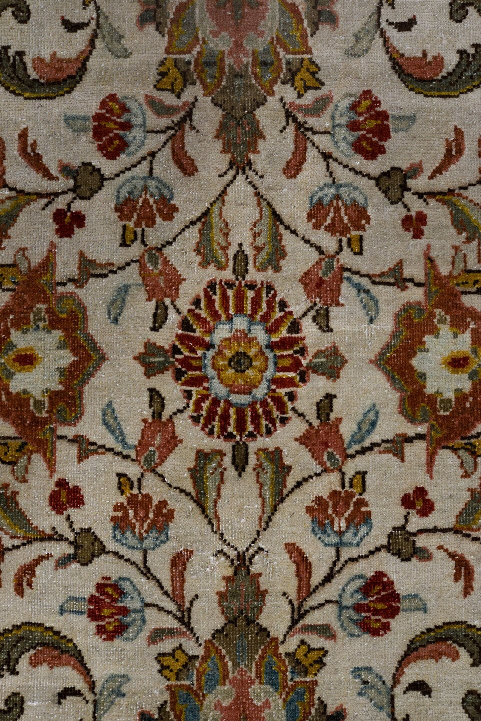 4' x 9' one-of-a-kind handmade antique Sarouk runner rug. Color palette: ivory, camel, rust, light blue, sage, gold, brown