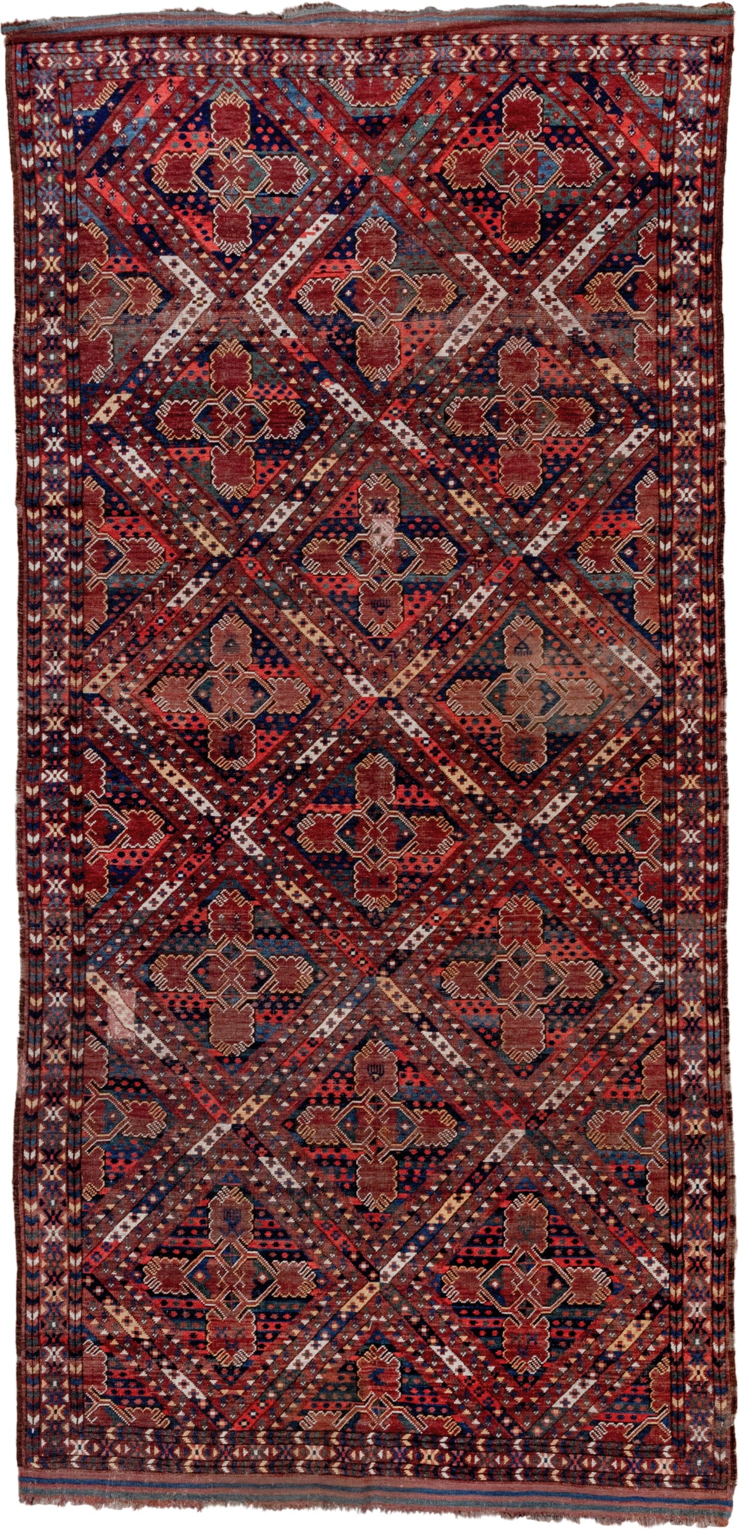 5' x 10' one-of-a-kind handmade antique Beshir medium size rug. Color palette: rust, navy, burgundy, ivory, terra cotta