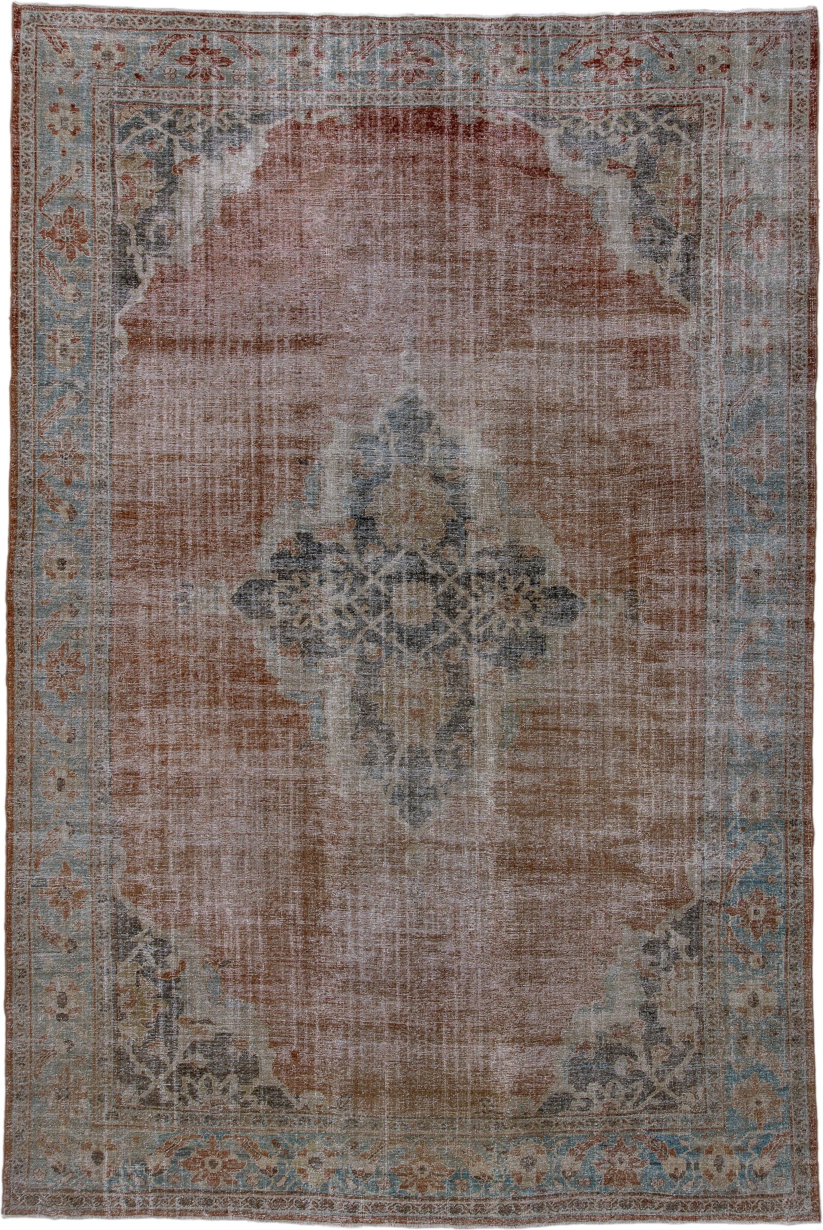10' x 15' one-of-a-kind handmade antique Mahal rug. Color palette: terra cotta, pale blue, ivory, taupe, slate, rust