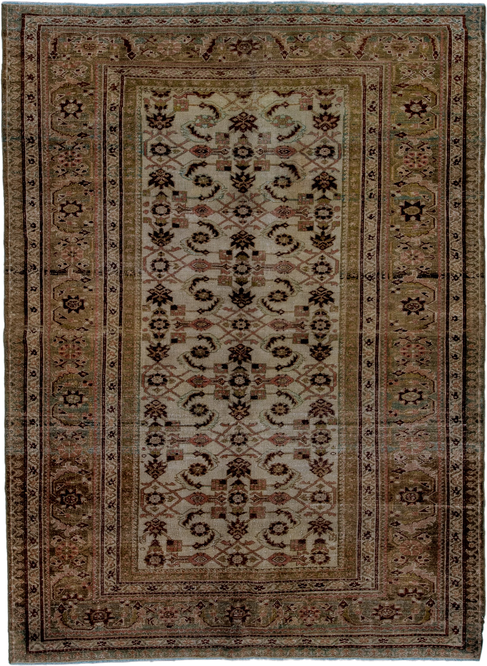 4' x 6' one-of-a-kind handmade antique Malayer small size rug. Color palette: ivory, sage, taupe, brown, rust, rose