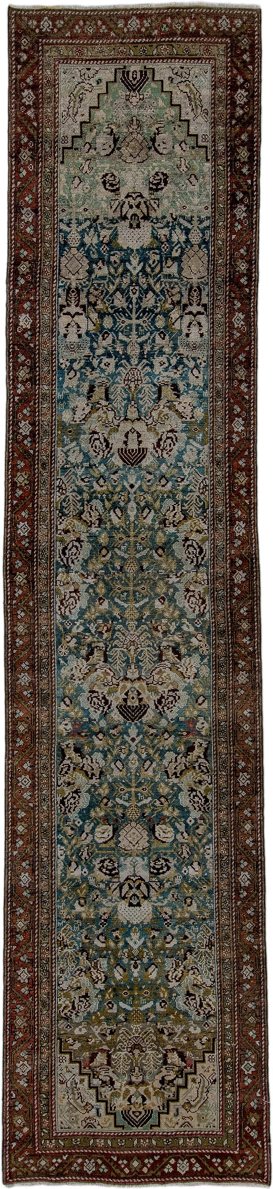 2' x 12' one-of-a-kind handmade antique Malayer runner rug. Color palette: aqua, ivory, rust, indigo, olive, brown, taupe