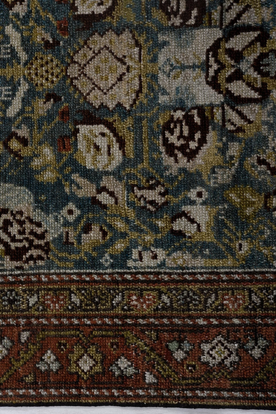 2' x 12' one-of-a-kind handmade antique Malayer runner rug. Color palette: aqua, ivory, rust, indigo, olive, brown, taupe