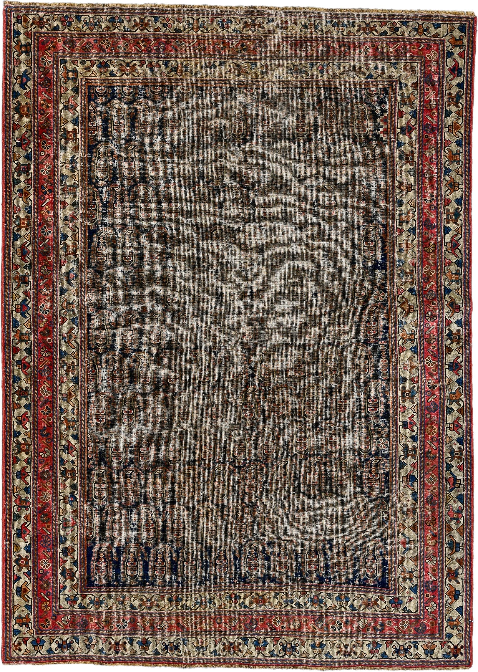 4' x 5' one-of-a-kind handmade vintage Afshar small size rug. Color palette: taupe, ivory, rust, navy, brick, camel, beige