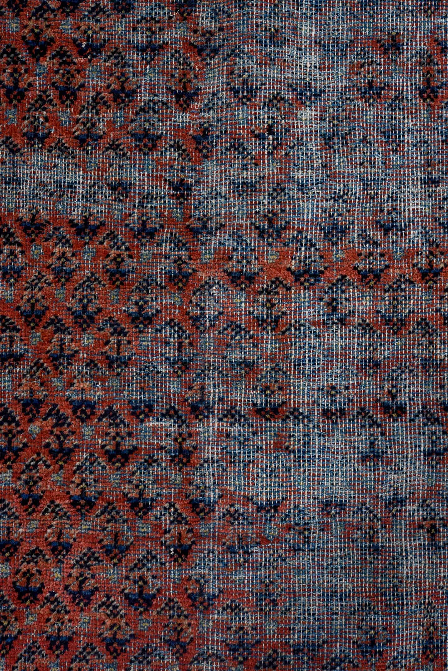 6' x 9' one-of-a-kind handmade vintage Saraband medium size rug. Color palette: blue-gray, ivory, red, navy, charcoal, gray