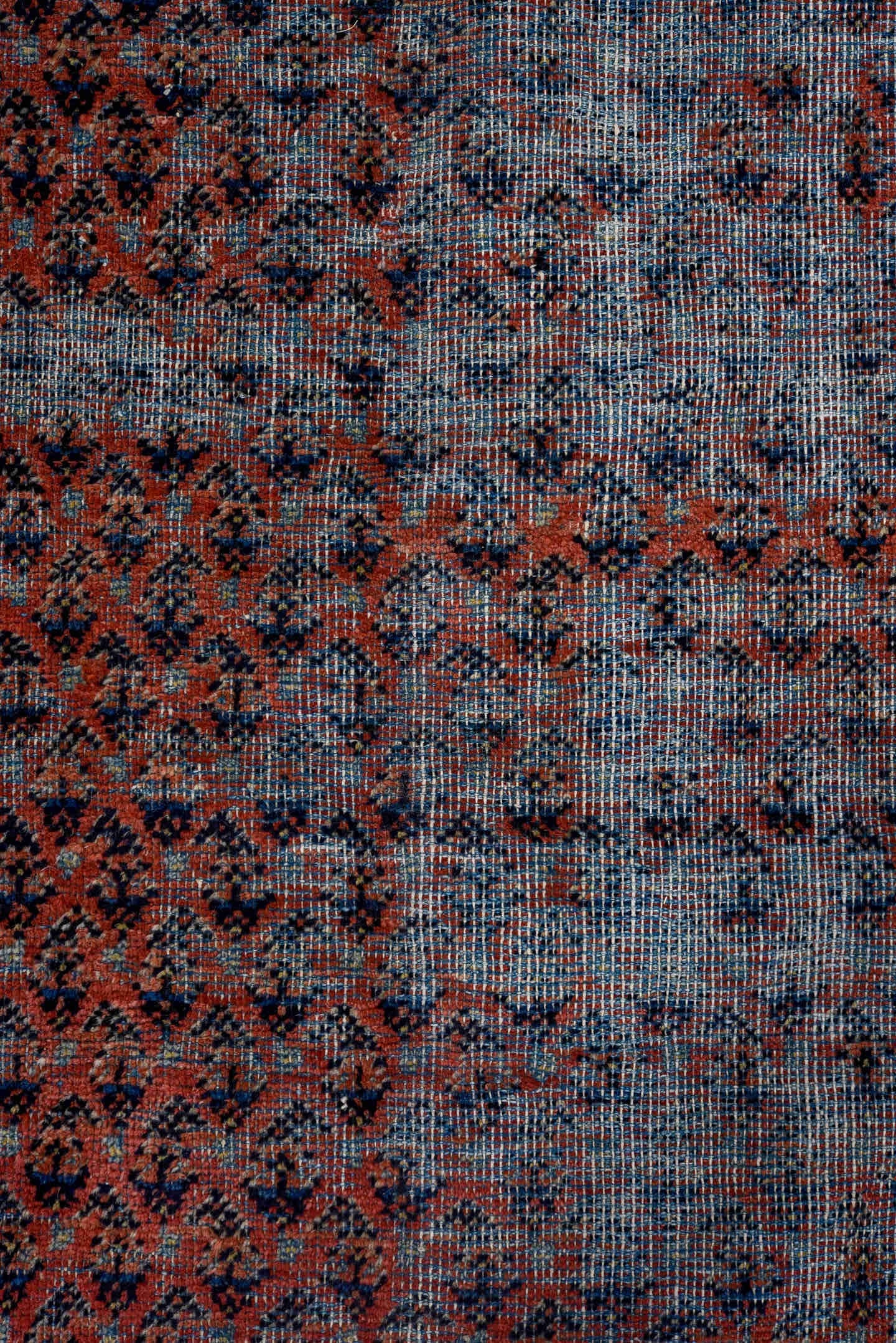 6' x 9' one-of-a-kind handmade vintage Saraband medium size rug. Color palette: blue-gray, ivory, red, navy, charcoal, gray