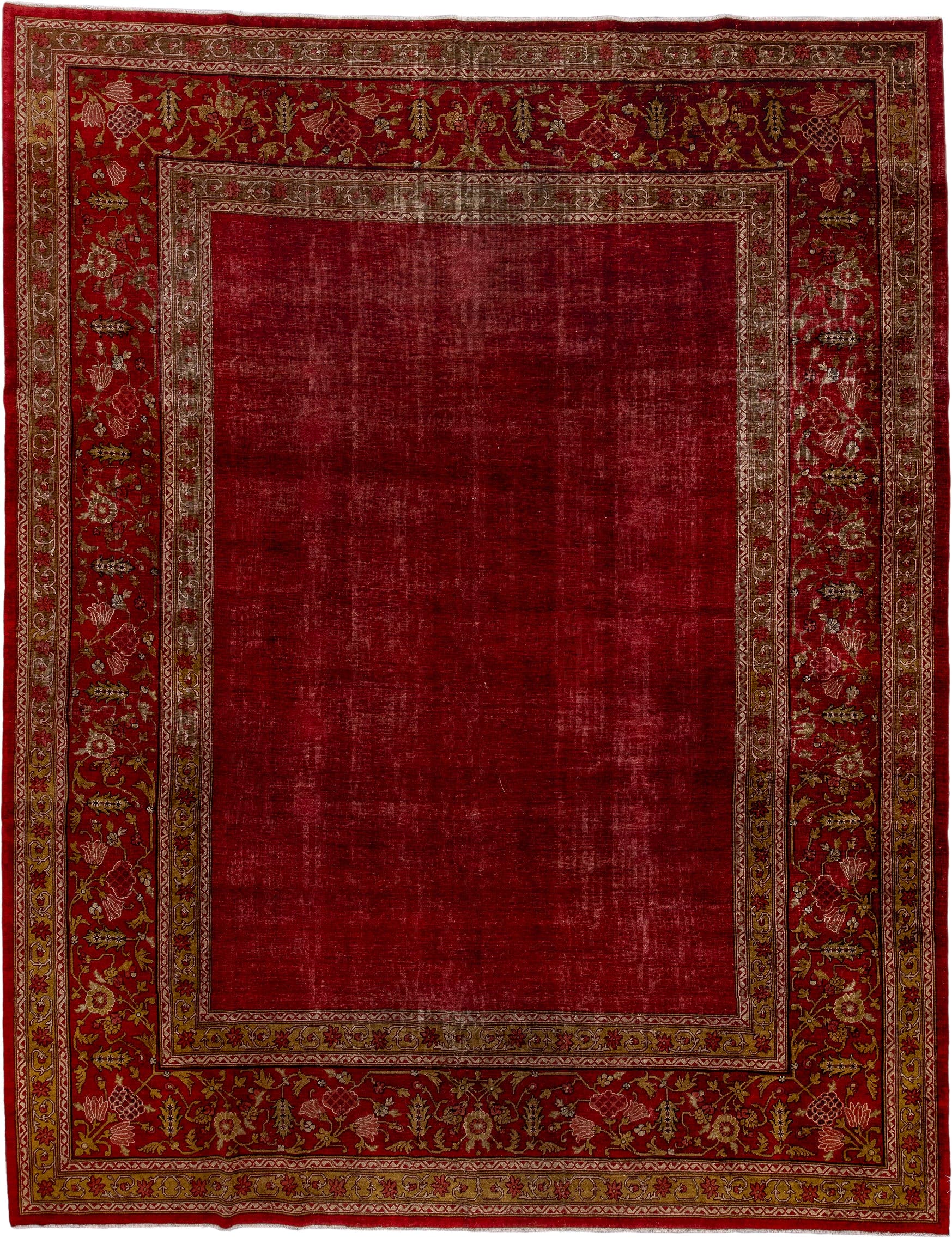 9' x 12' one-of-a-kind handmade antique Agra large size rug. Color palette: red, burgundy, camel, ivory, gold, rose, olive