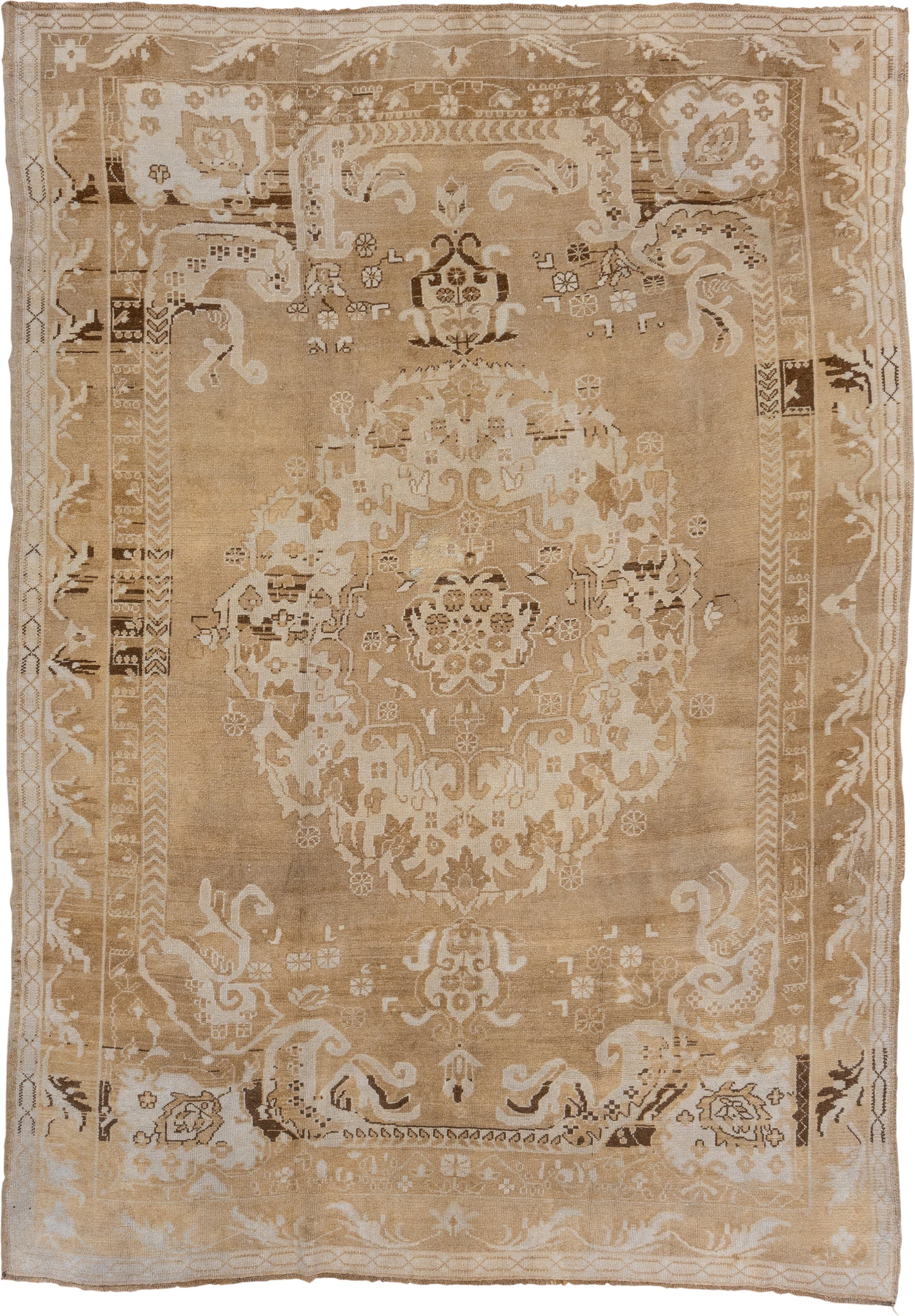 7' x 10' one-of-a-kind handmade vintage Kars large size rug. Color palette: camel, ivory, taupe, beige, brown, gray