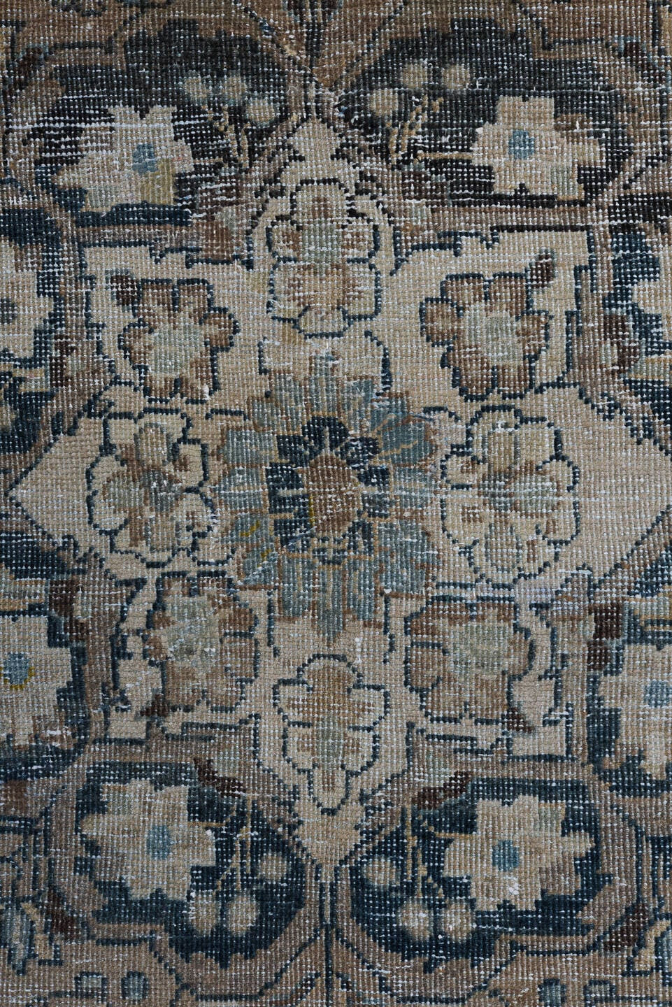 8' x 12' one-of-a-kind handmade vintage Mahal large size rug. Color palette: taupe, slate, ivory, blue, charcoal, beige