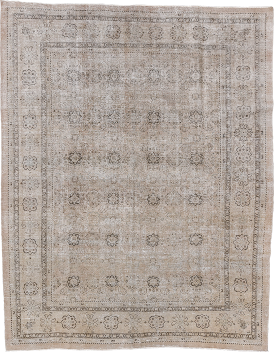 10' x 12' one-of-a-kind handmade antique Mahal large size rug. Color palette: ivory, beige, taupe, camel, brown, greige