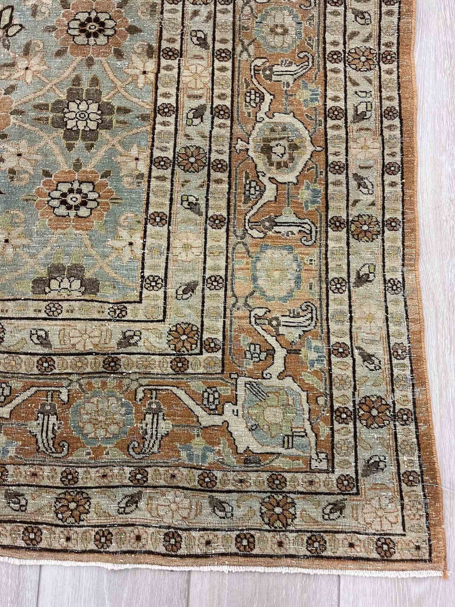8' x 12' one-of-a-kind handmade antique Varamin large size rug. Color palette: ivory, pale aqua, taupe, terracotta, camel