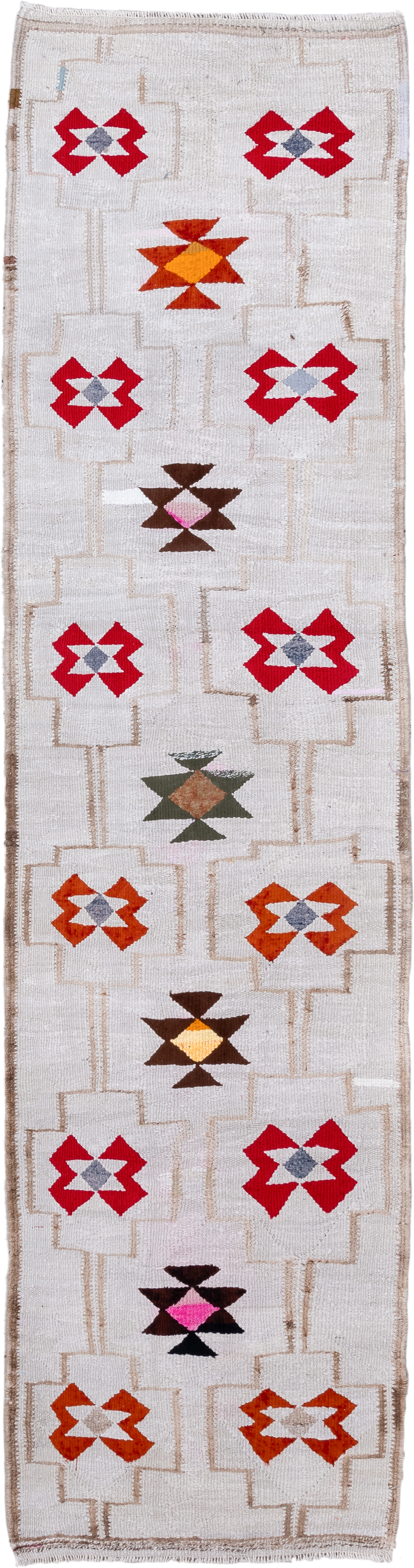 2' x 10' one-of-a-kind handmade antique Kilim runner rug. Color palette: ivory, crimson, rust, taupe, brown, gold, gray