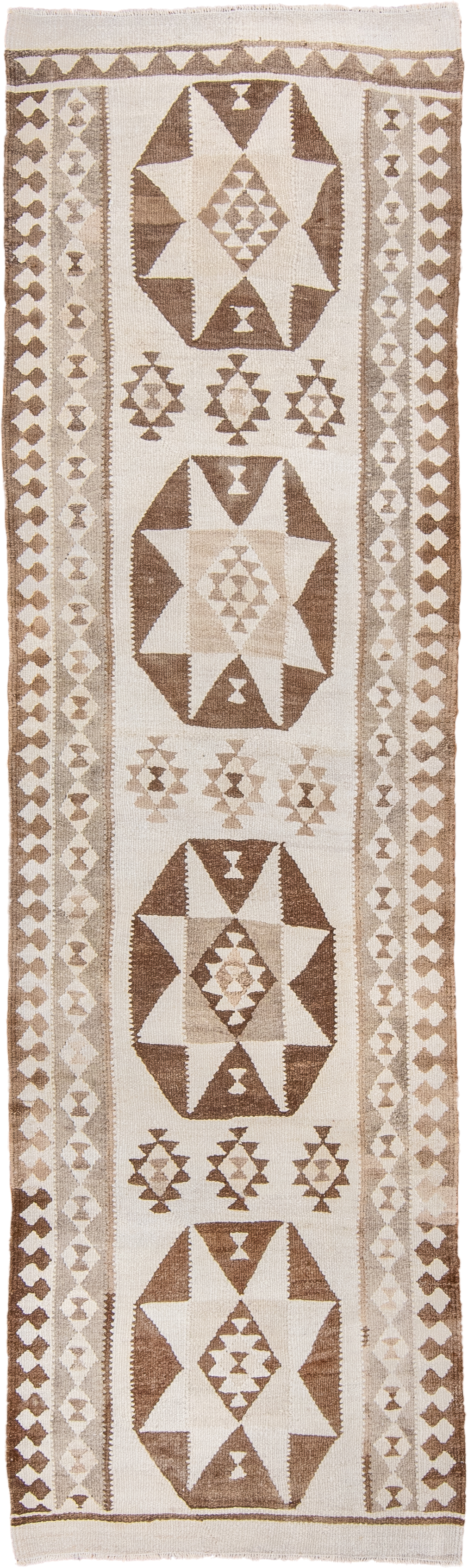 3' x 10' one-of-a-kind handmade antique Kilim runner rug. Color palette: ivory, camel, taupe, brown, beige, gray