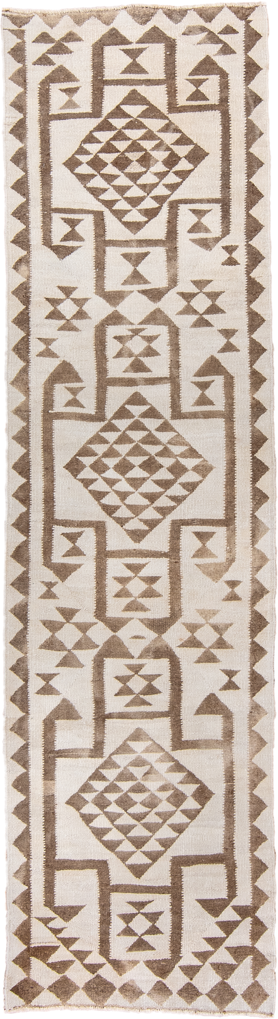 3' x 10' one-of-a-kind handmade vintage Kilim runner rug. Color palette: ivory, taupe, beige, camel, gray