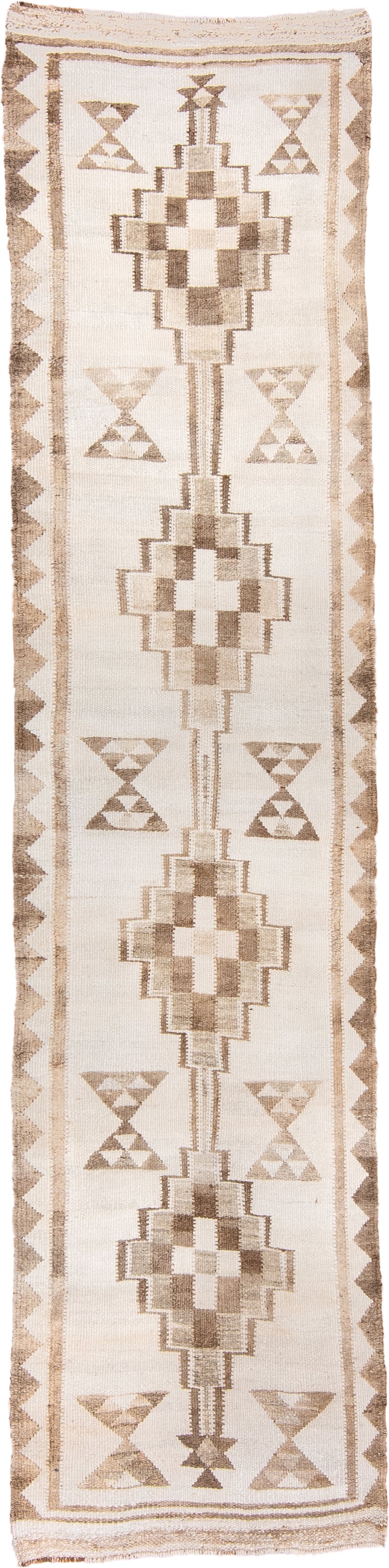 3' x 12' one-of-a-kind handmade vintage Kilim runner rug. Color palette: ivory, taupe, beige, camel, sand, gray