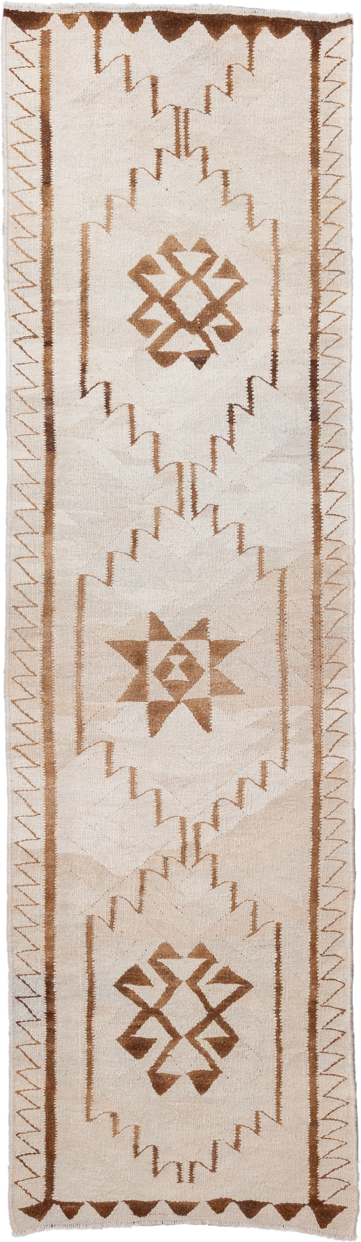3' x 11' one-of-a-kind handmade antique Kilim runner rug. Color palette: ivory, camel, taupe, brown, beige, gray