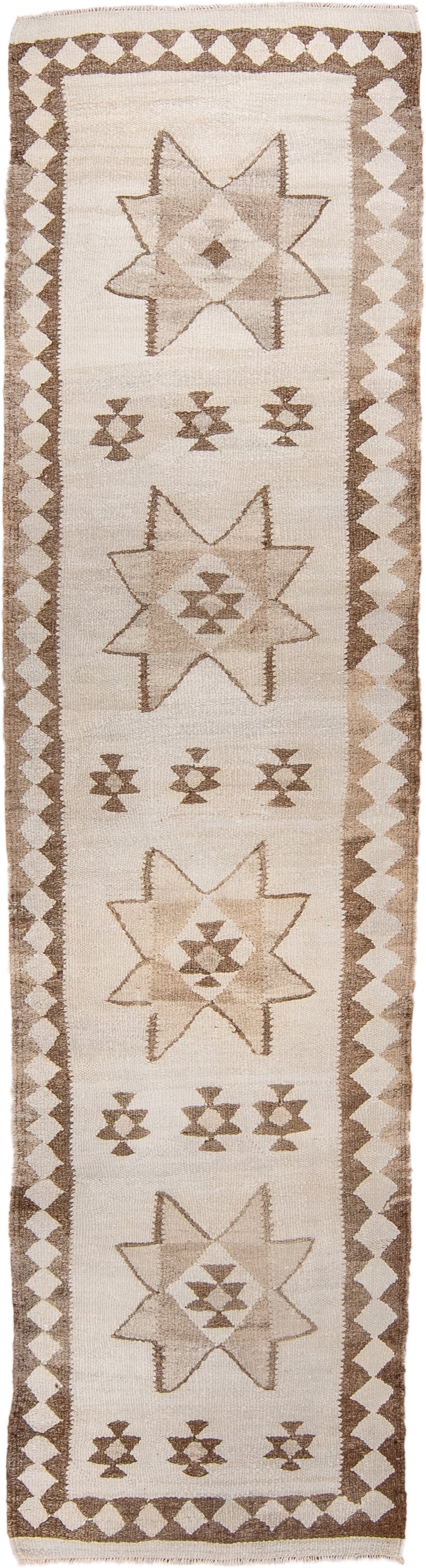 2' x 10' one-of-a-kind handmade antique Kilim runner rug. Color palette: ivory, taupe, brown, camel, beige, gray