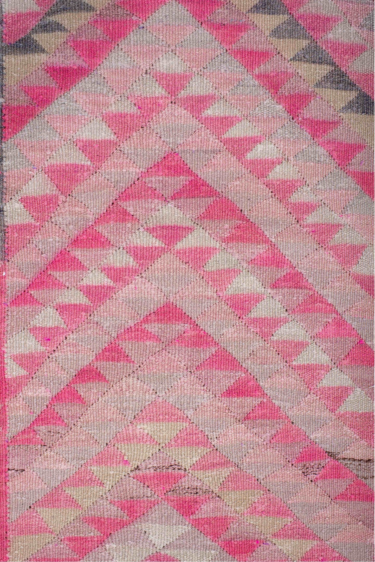 3' x 11' one-of-a-kind handmade vintage Kilim runner rug. Color palette: pink, gray, ivory, charcoal, rose, black, red